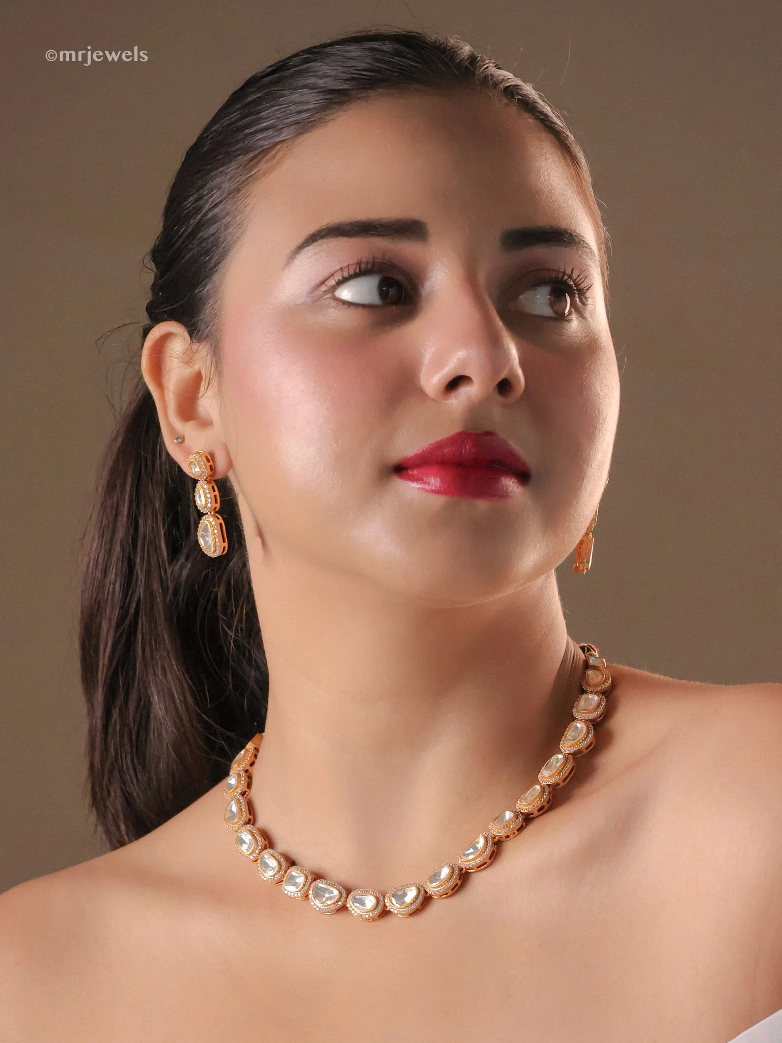 Moissanite Single-Layer Polki Necklace Set (Screw-Back Earrings)