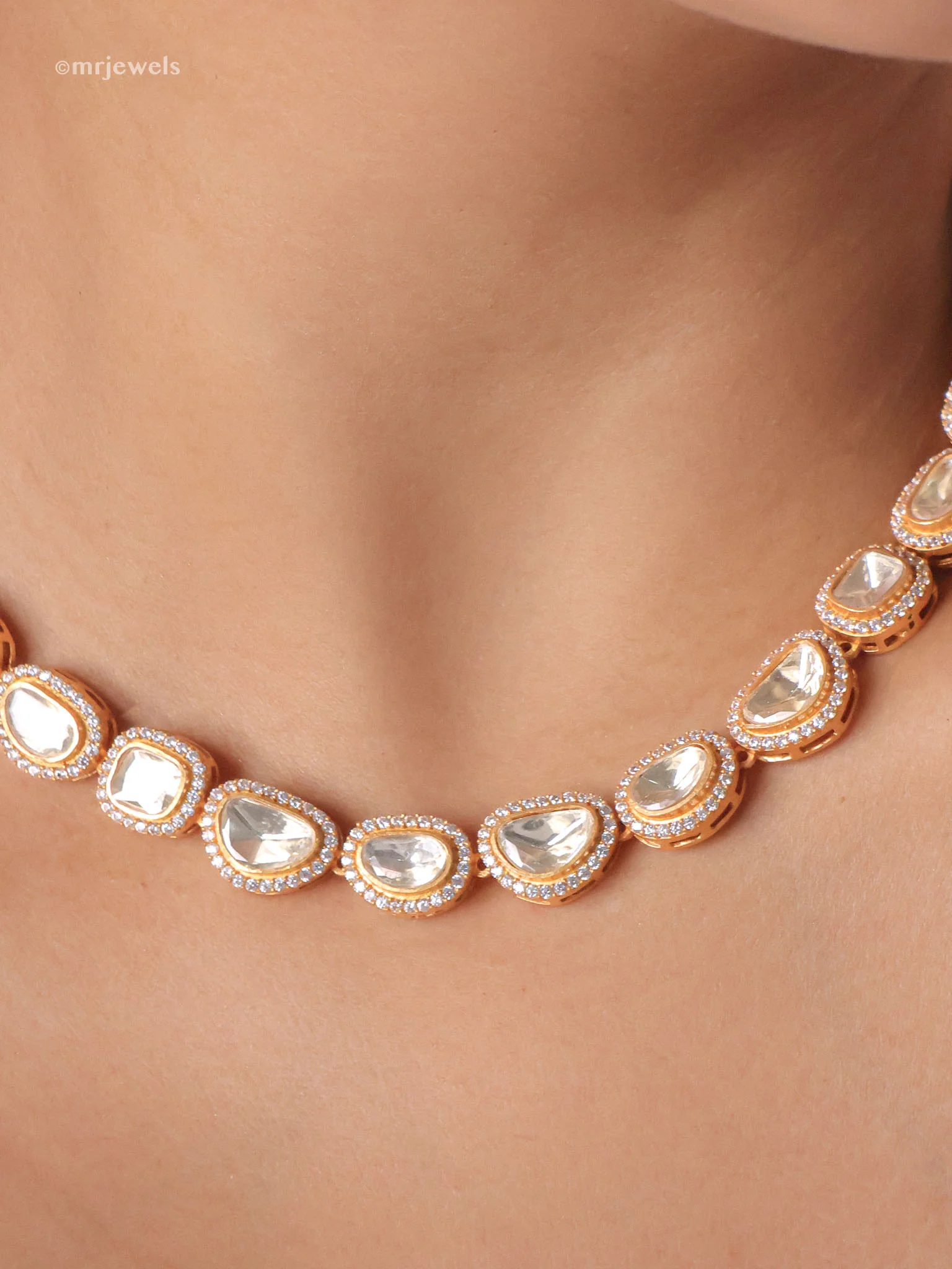 Moissanite Single-Layer Polki Necklace Set (Screw-Back Earrings) - Image 2