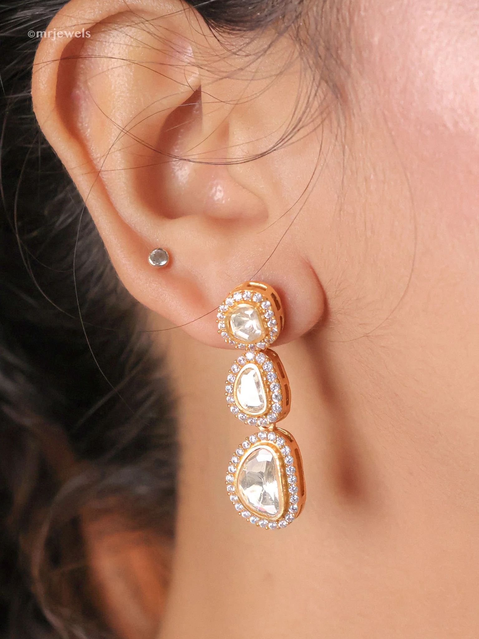 Moissanite Single-Layer Polki Necklace Set (Screw-Back Earrings) - Image 3