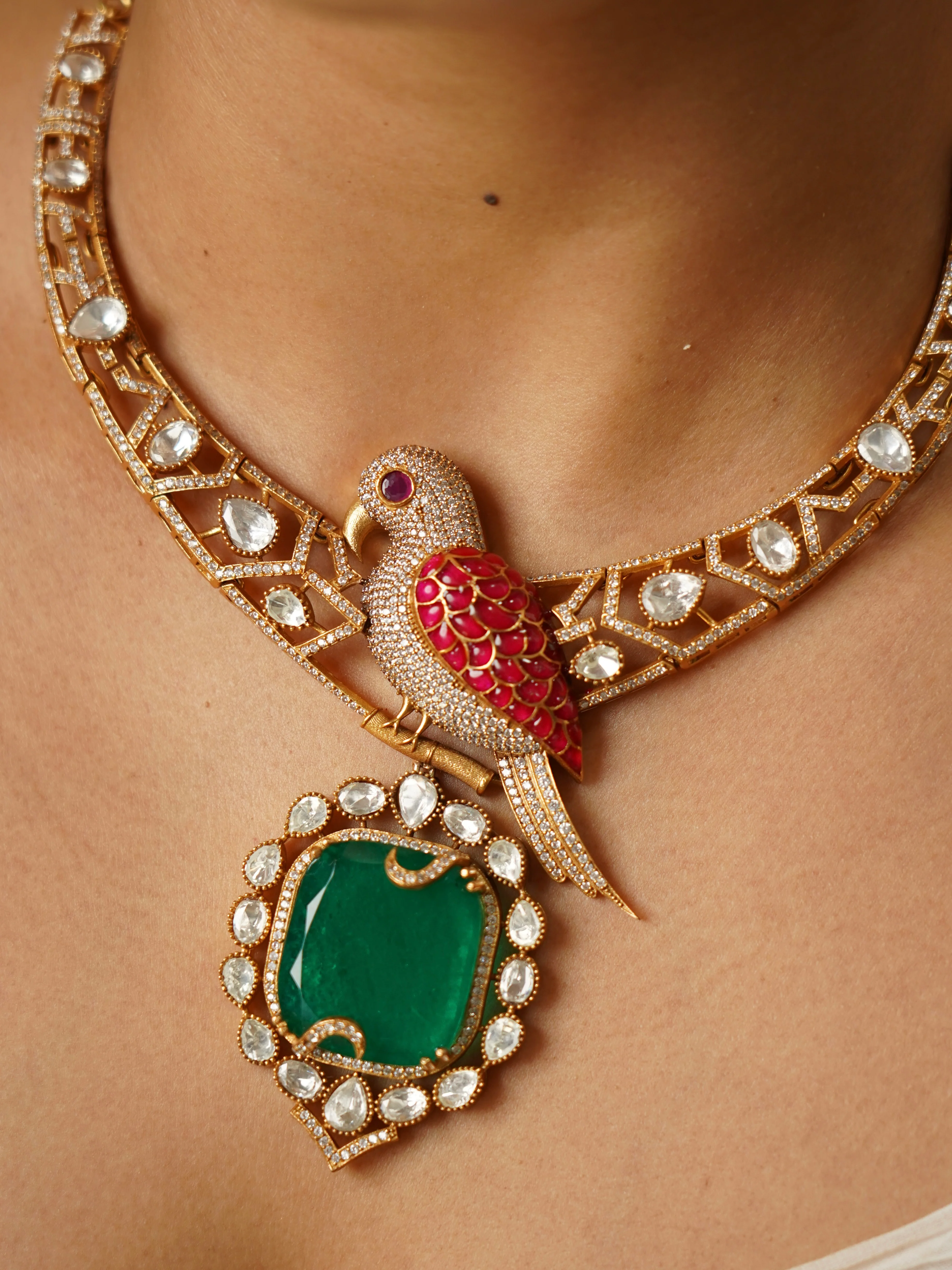 Morni Noormahal Parrot Motif Emerald Choker Set - Image 6