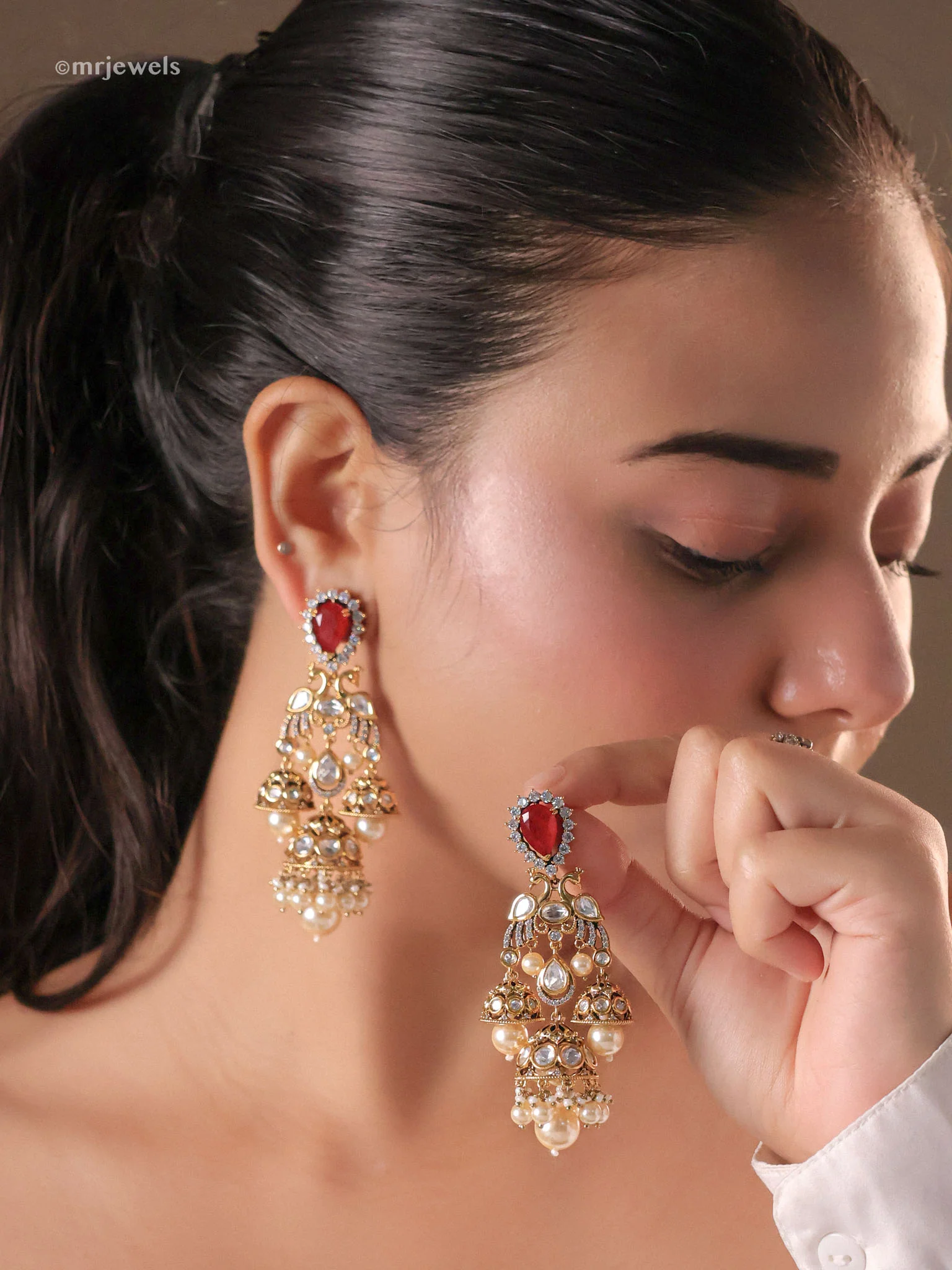 Morni Regal Triple Jhumka Danglers (Ruby/Emerald/Mint)