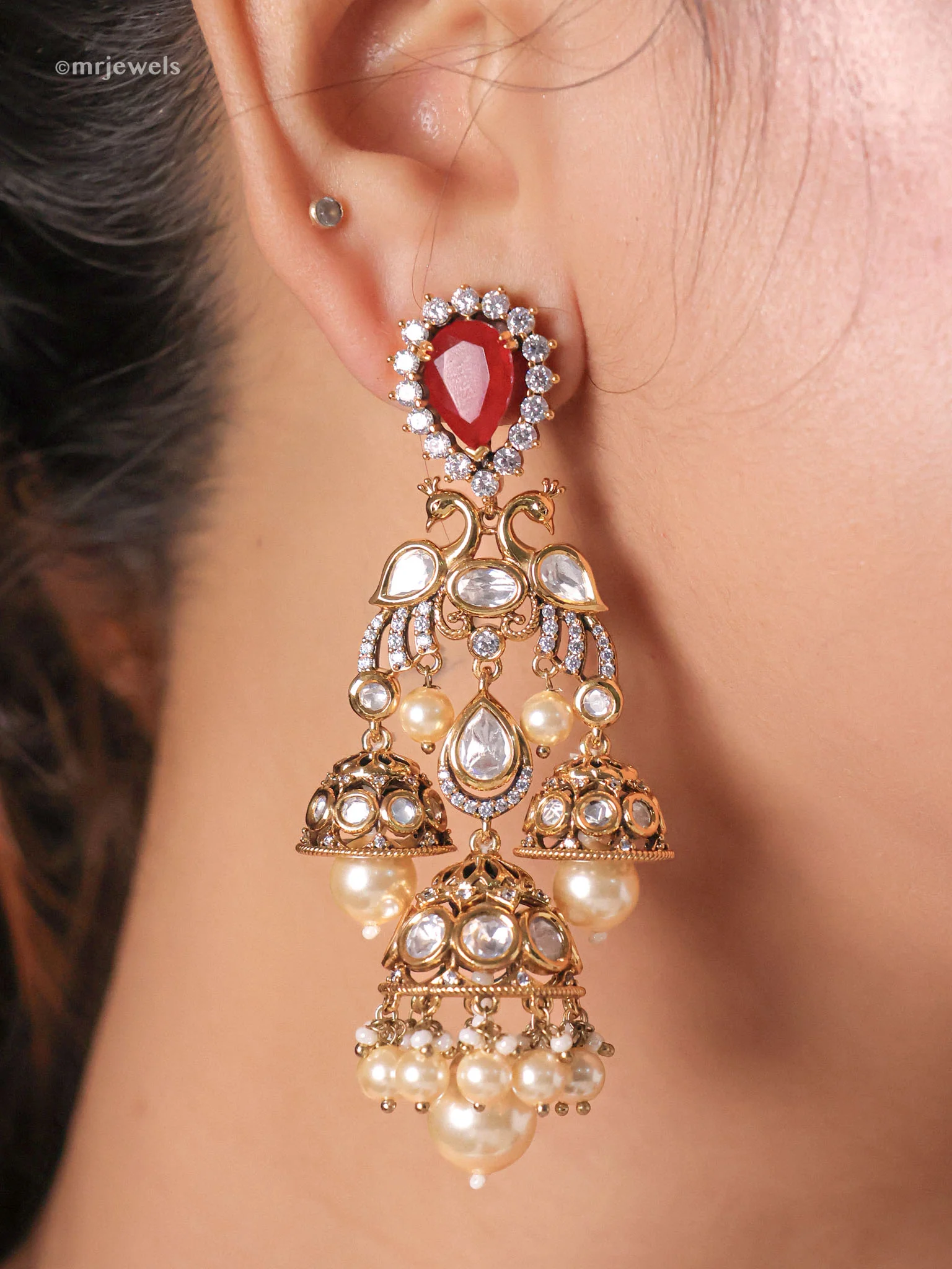 Morni Regal Triple Jhumka Danglers (Ruby/Emerald/Mint) - Image 2