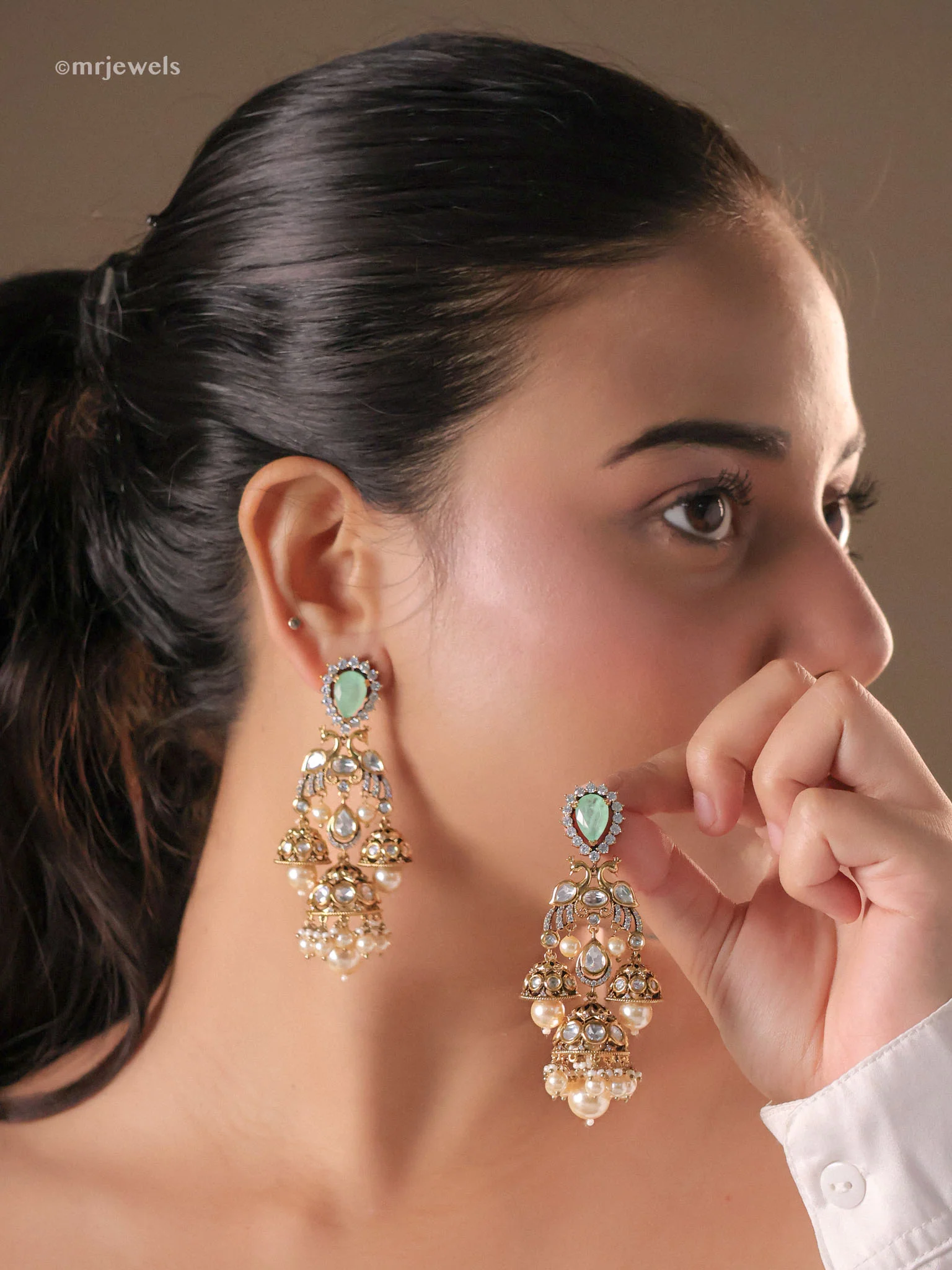 Morni Regal Triple Jhumka Danglers (Ruby/Emerald/Mint) - Image 3