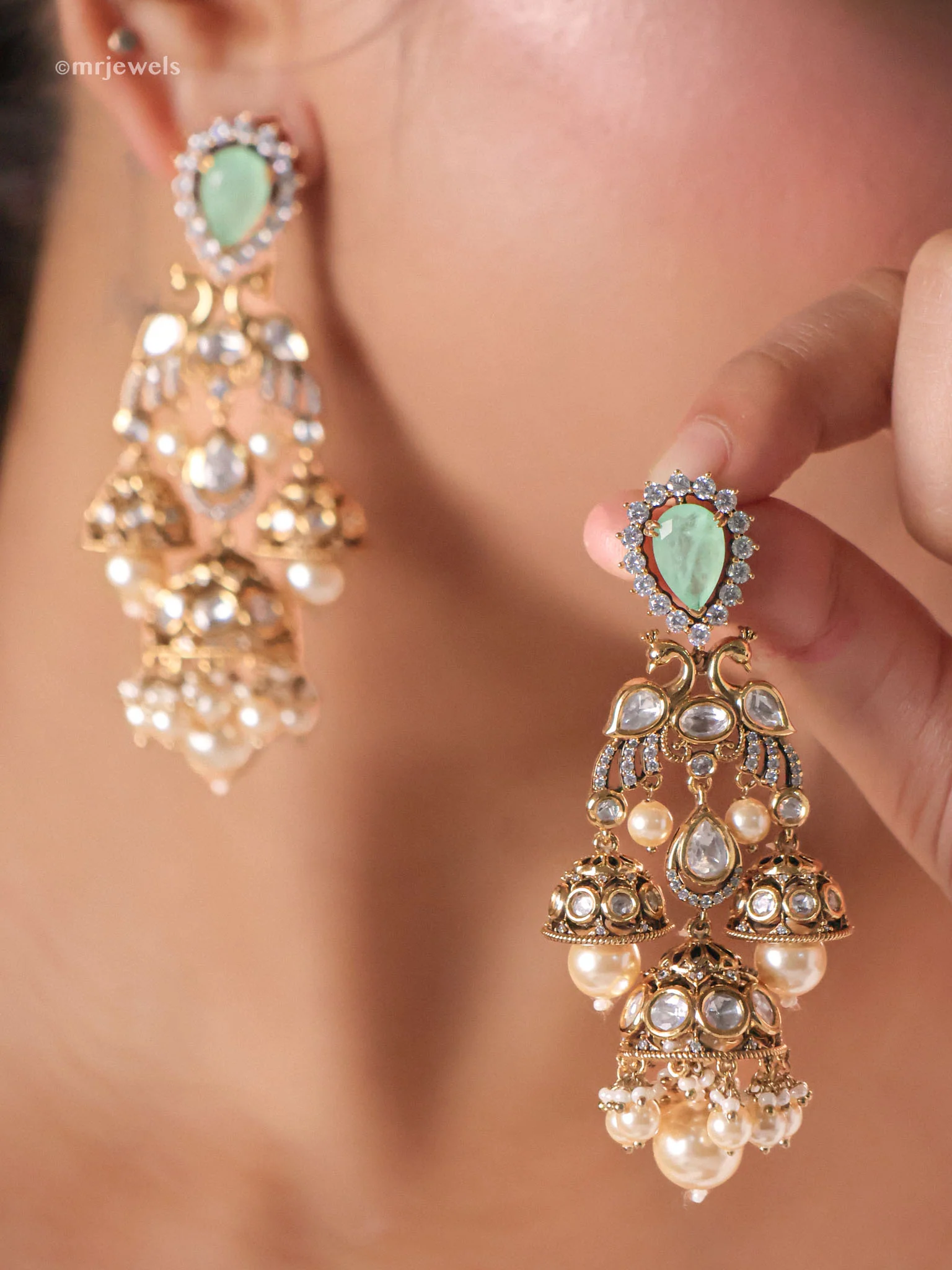 Morni Regal Triple Jhumka Danglers (Ruby/Emerald/Mint) - Image 4