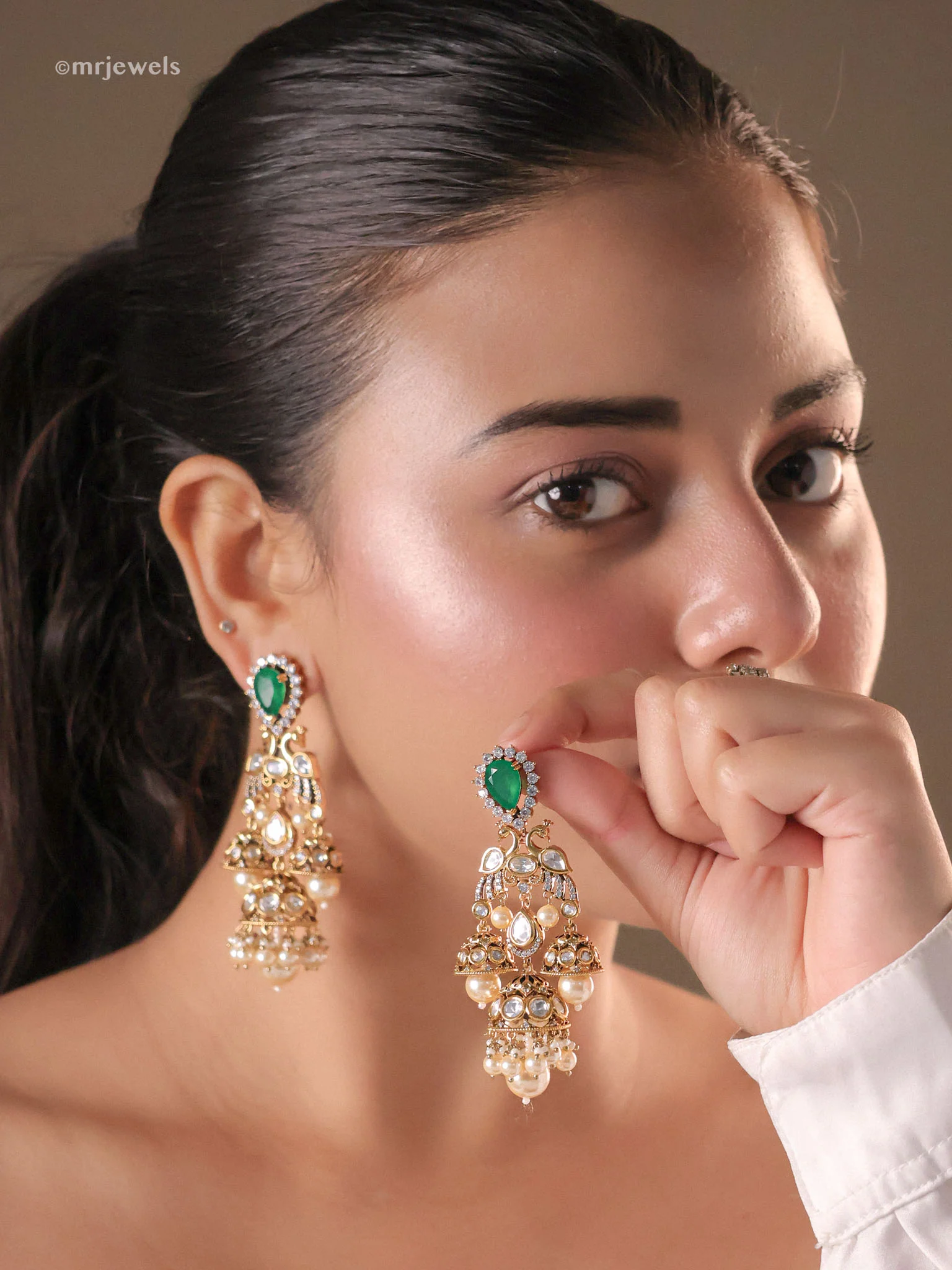 Morni Regal Triple Jhumka Danglers (Ruby/Emerald/Mint) - Image 5
