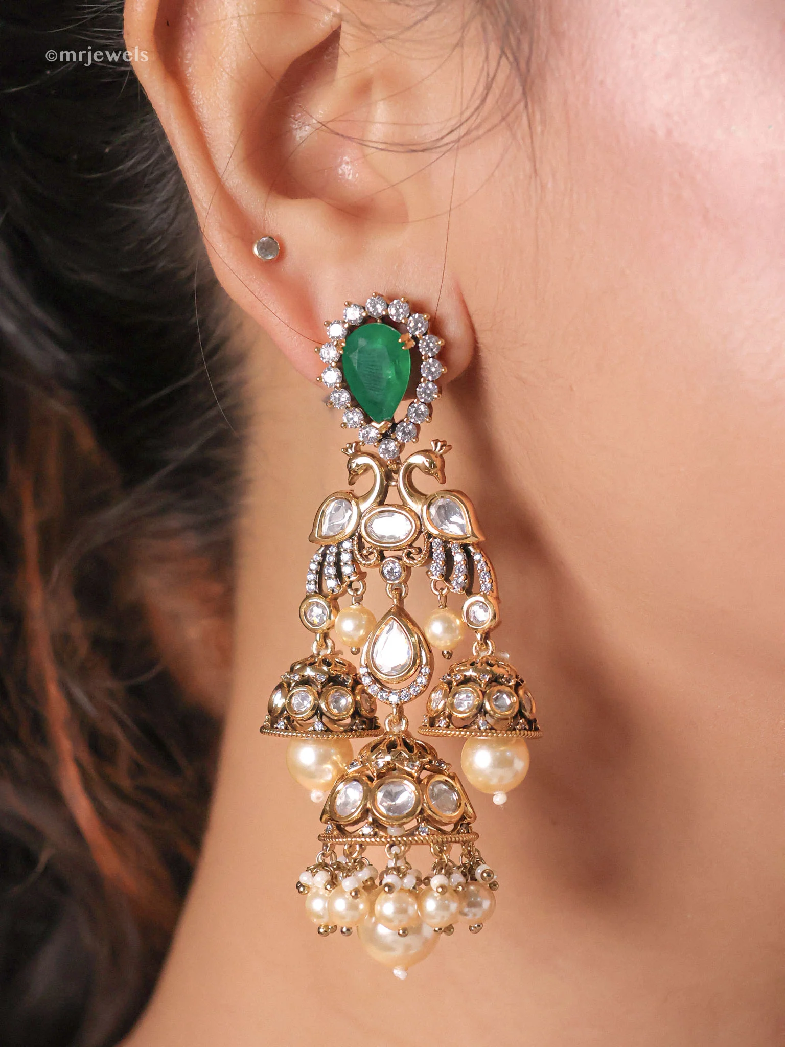 Morni Regal Triple Jhumka Danglers (Ruby/Emerald/Mint) - Image 6
