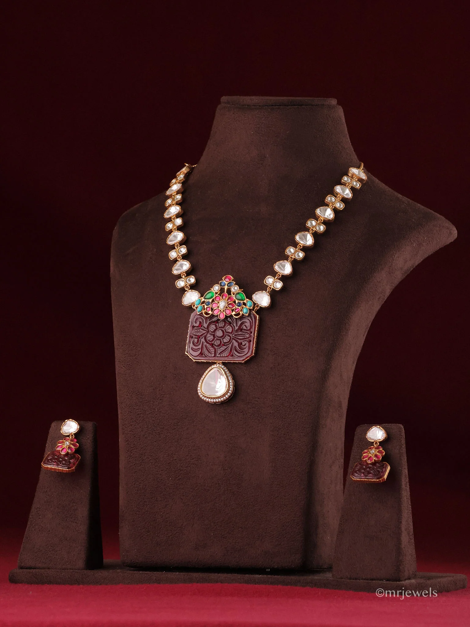 Mrinalika Floral Carved Polki Necklace - Image 4