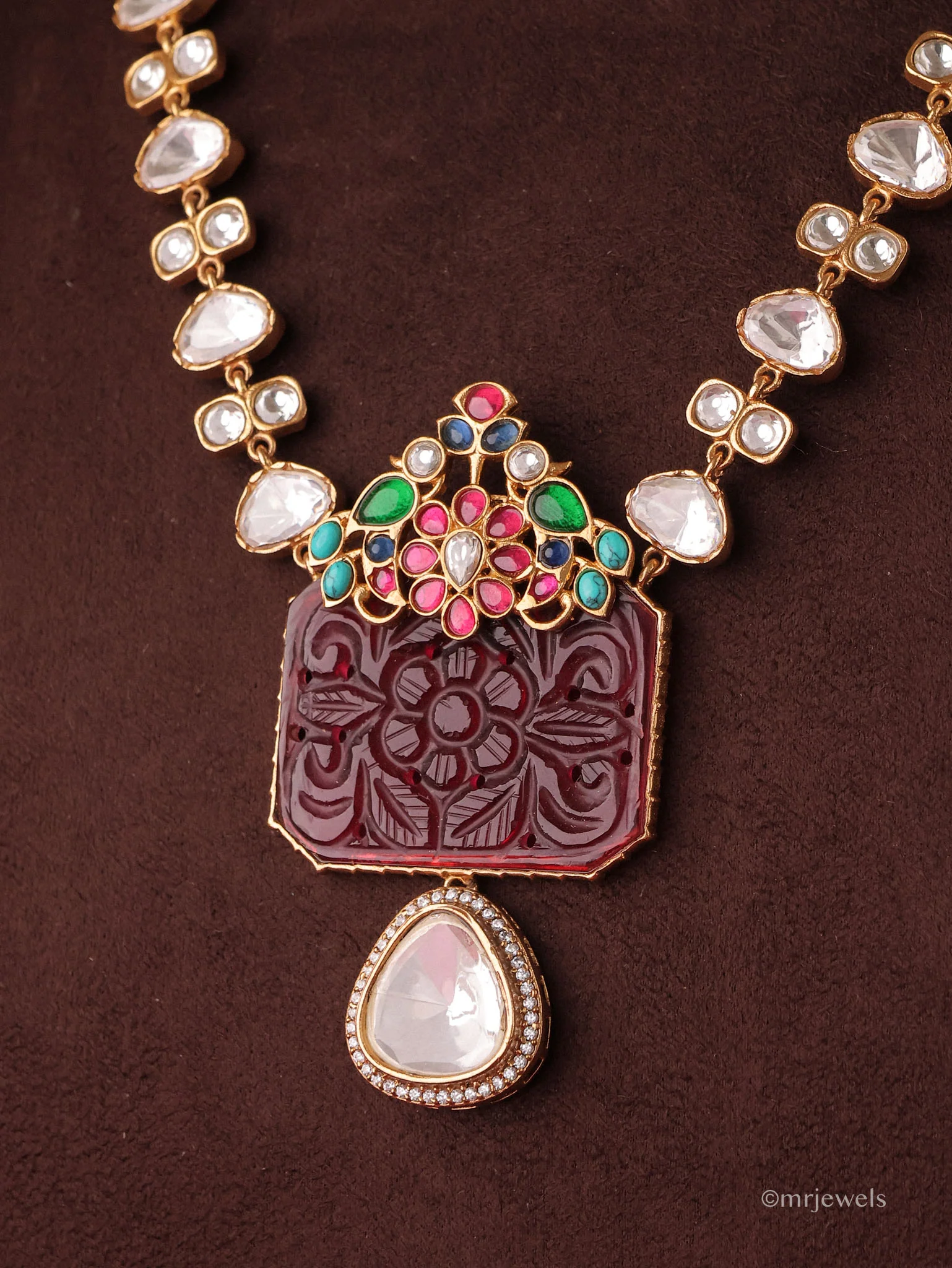 Mrinalika Floral Carved Polki Necklace - Image 5