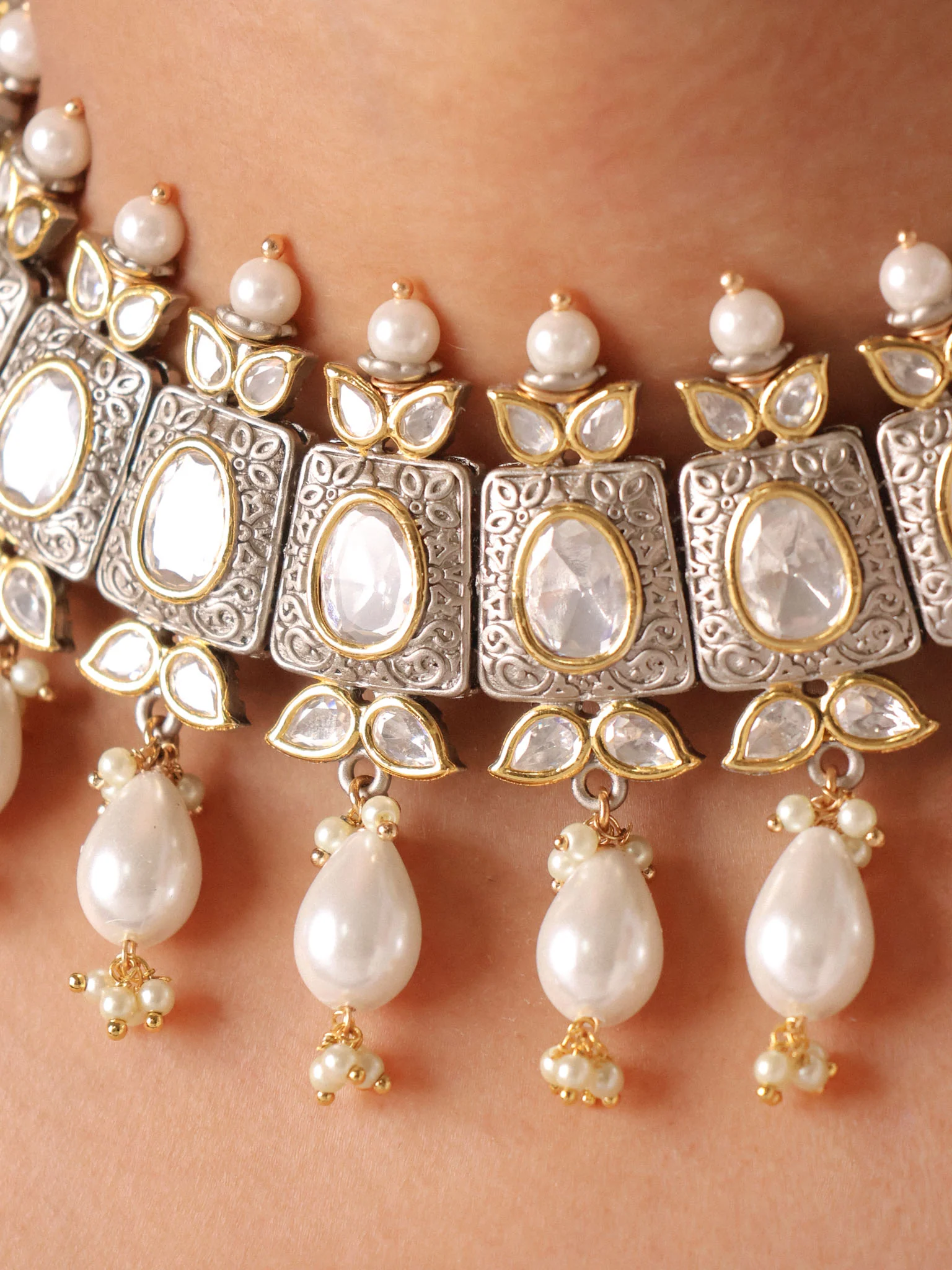 Mughal Pearl Cascade Polki Choker Set - Image 2
