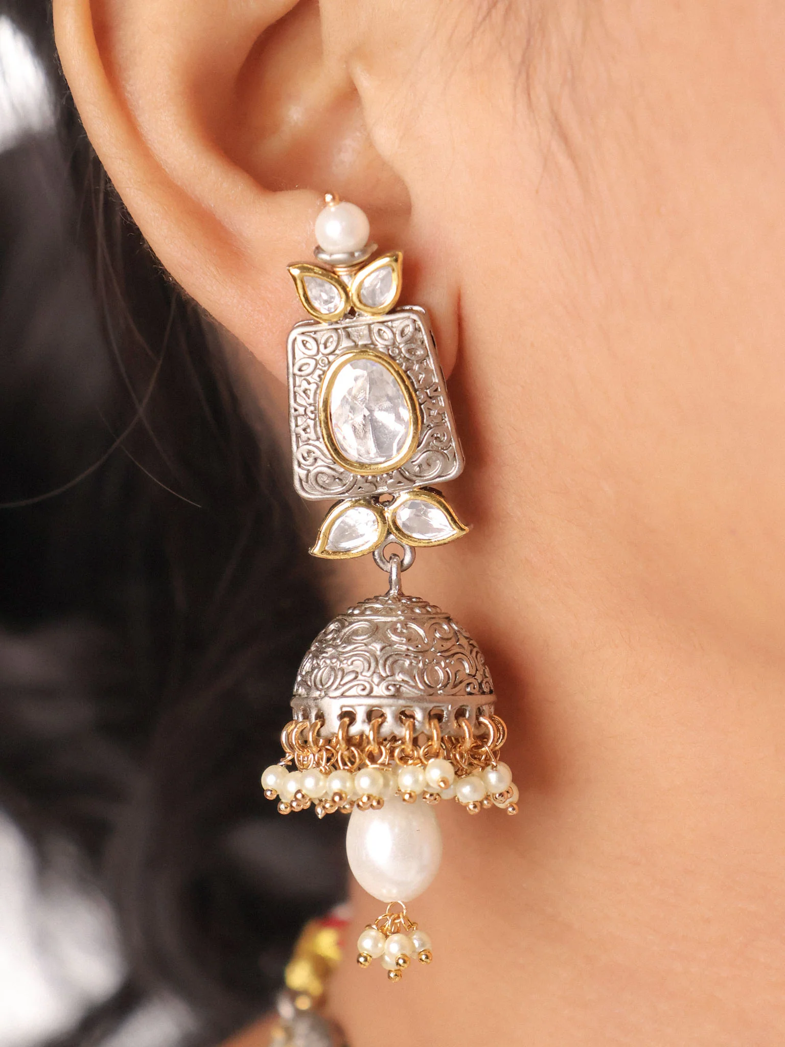 Mughal Pearl Cascade Polki Choker Set - Image 3