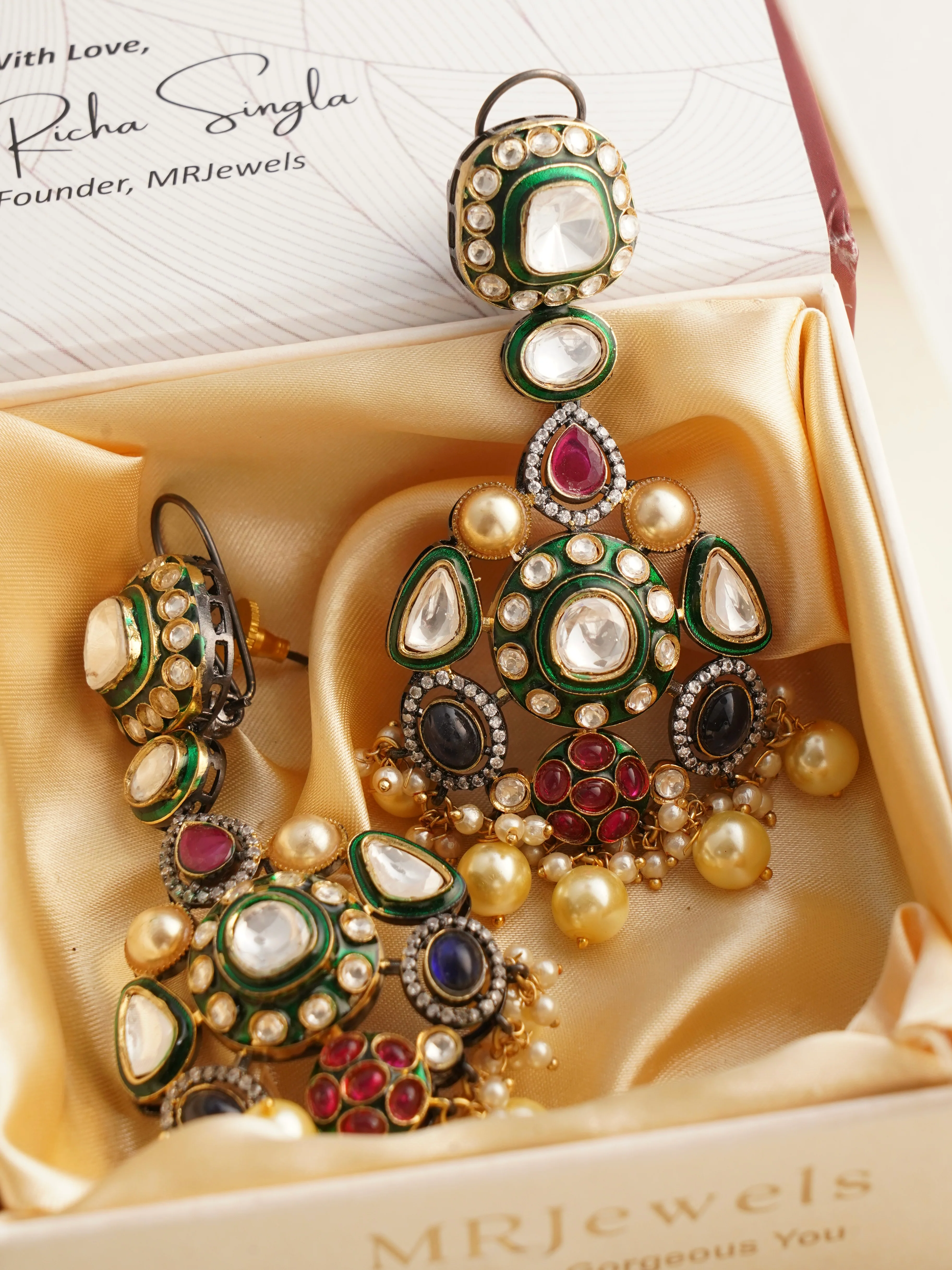 Multicolored Semi precious Stone studed Victorian Earrings - Image 2