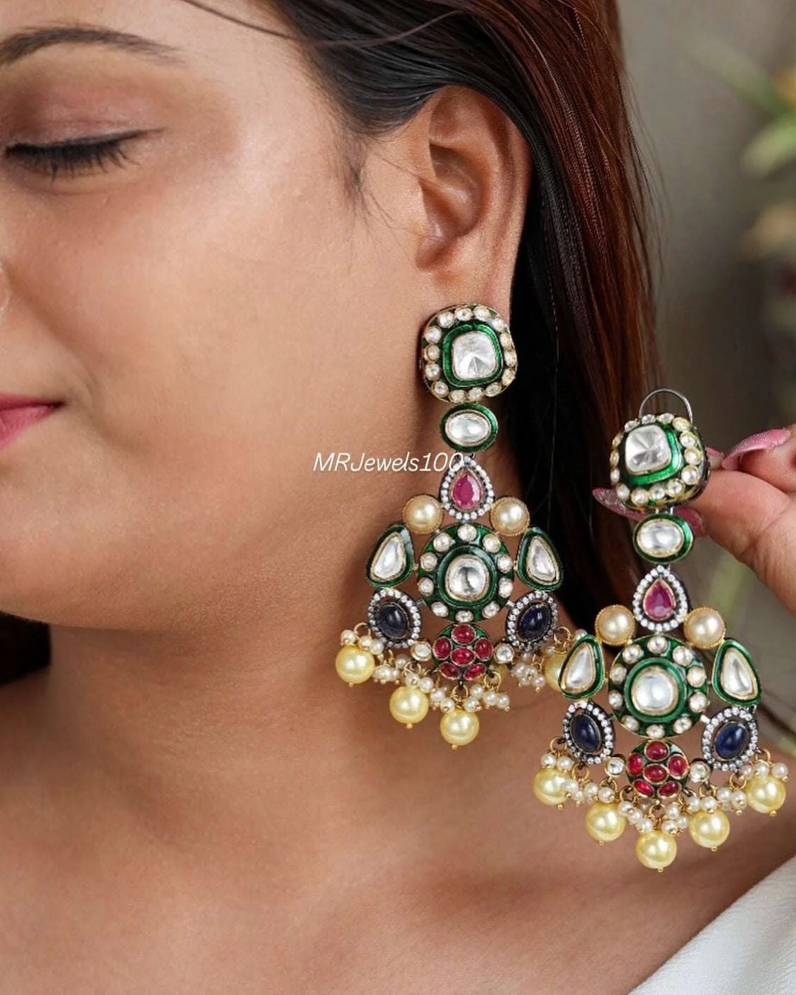 Multicolored Semi precious Stone studed Victorian Earrings - Image 4