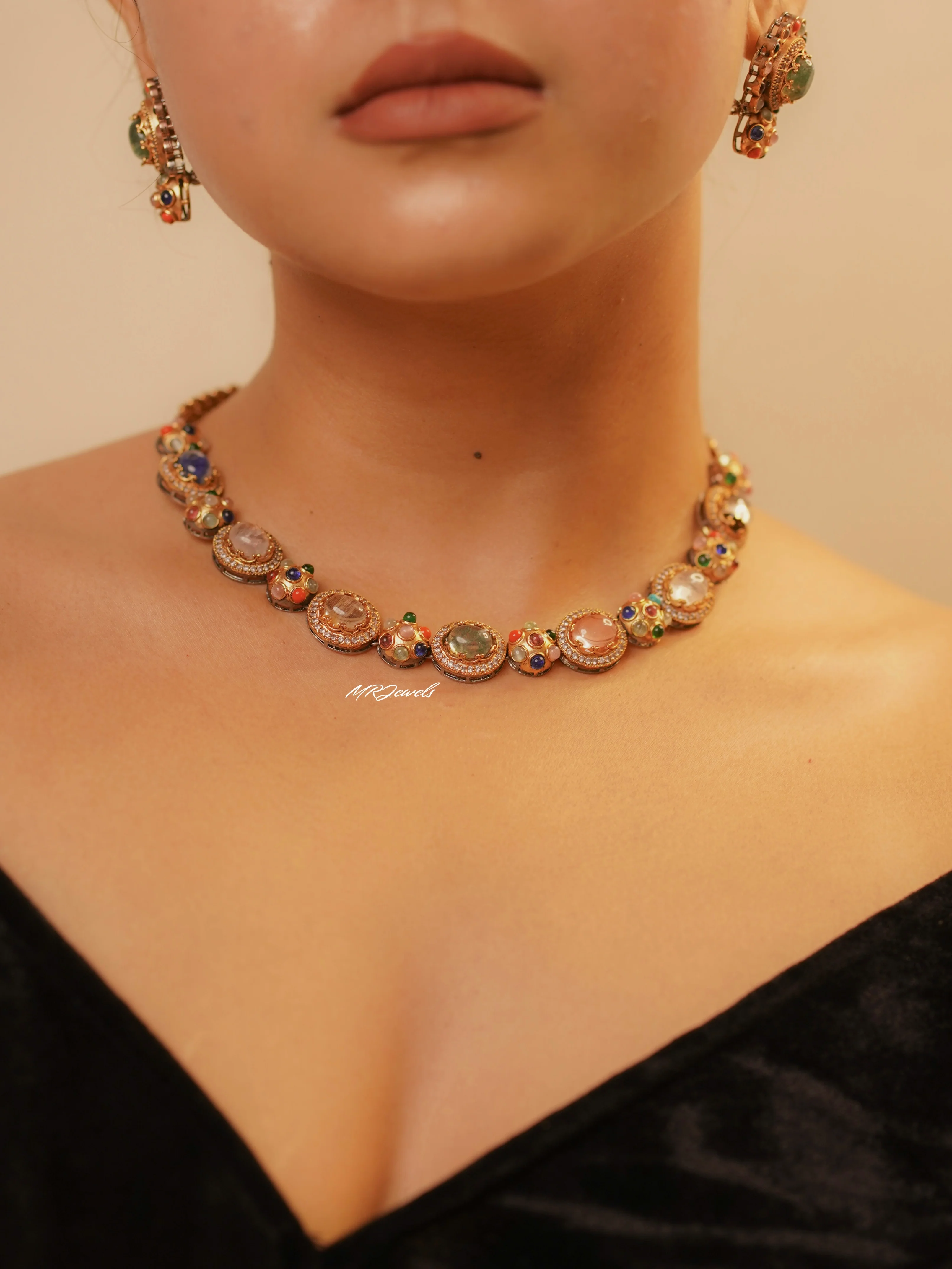Navya Sabya  Inspired– Vibrant Navrattan Necklace Set - Image 3