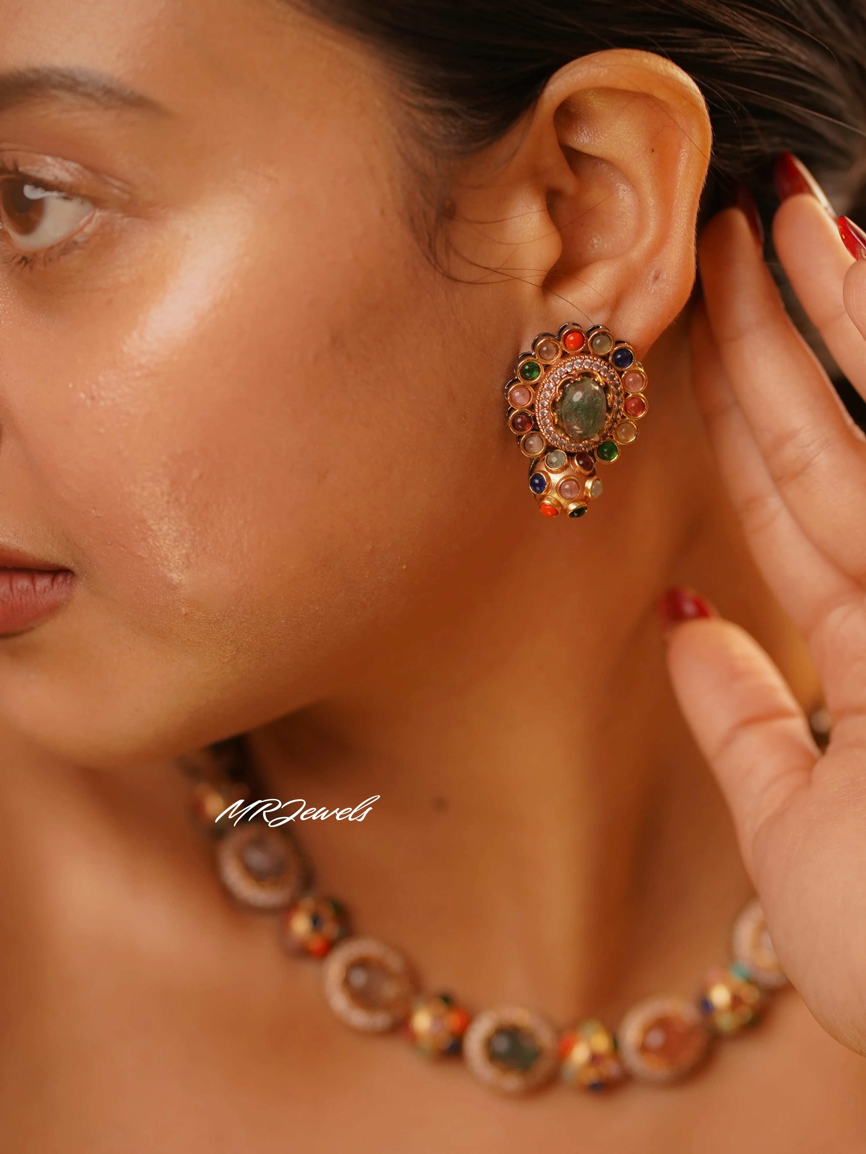 Navya Sabya  Inspired– Vibrant Navrattan Necklace Set - Image 4