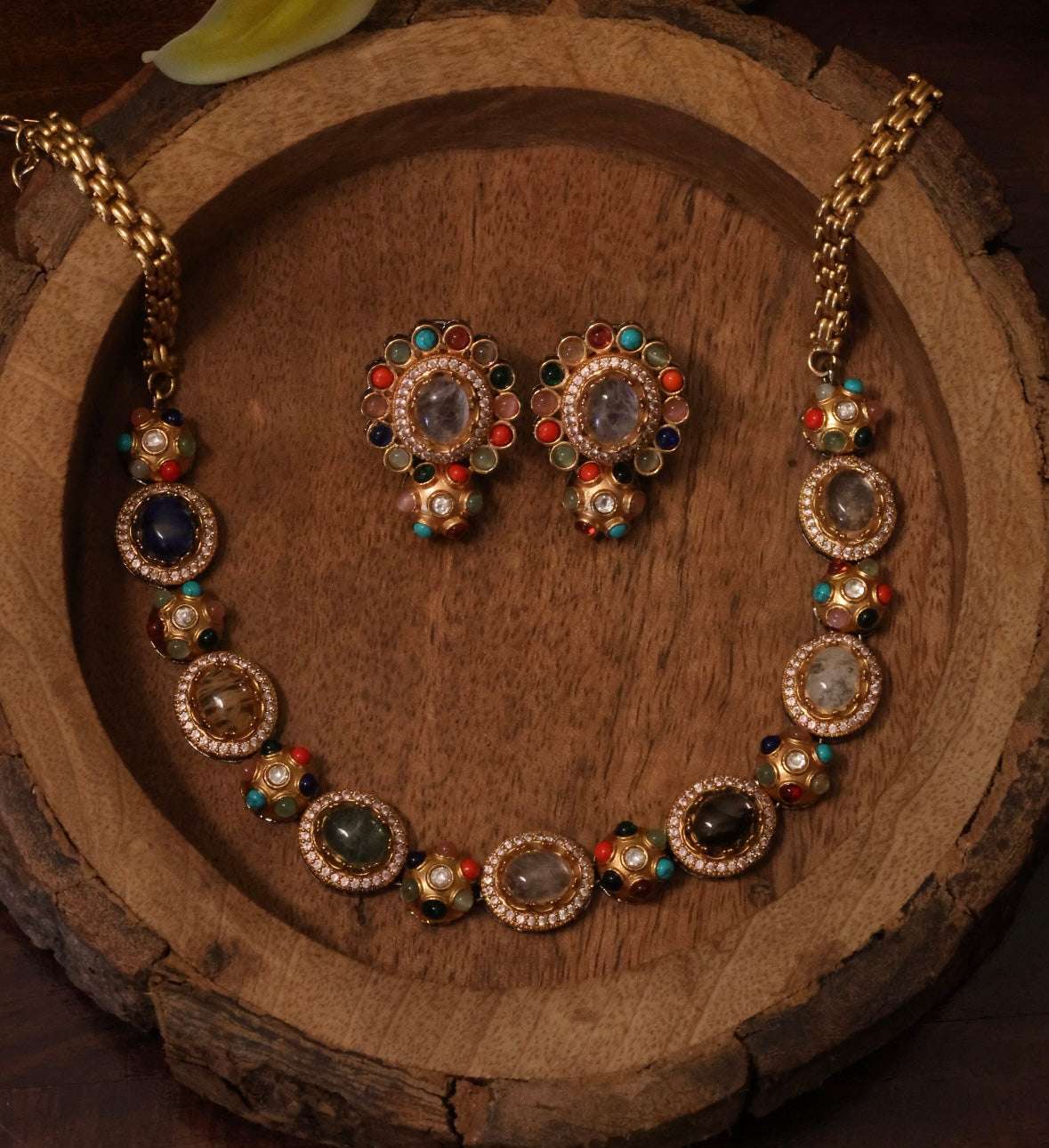 Navya Sabya  Inspired– Vibrant Navrattan Necklace Set - Image 5