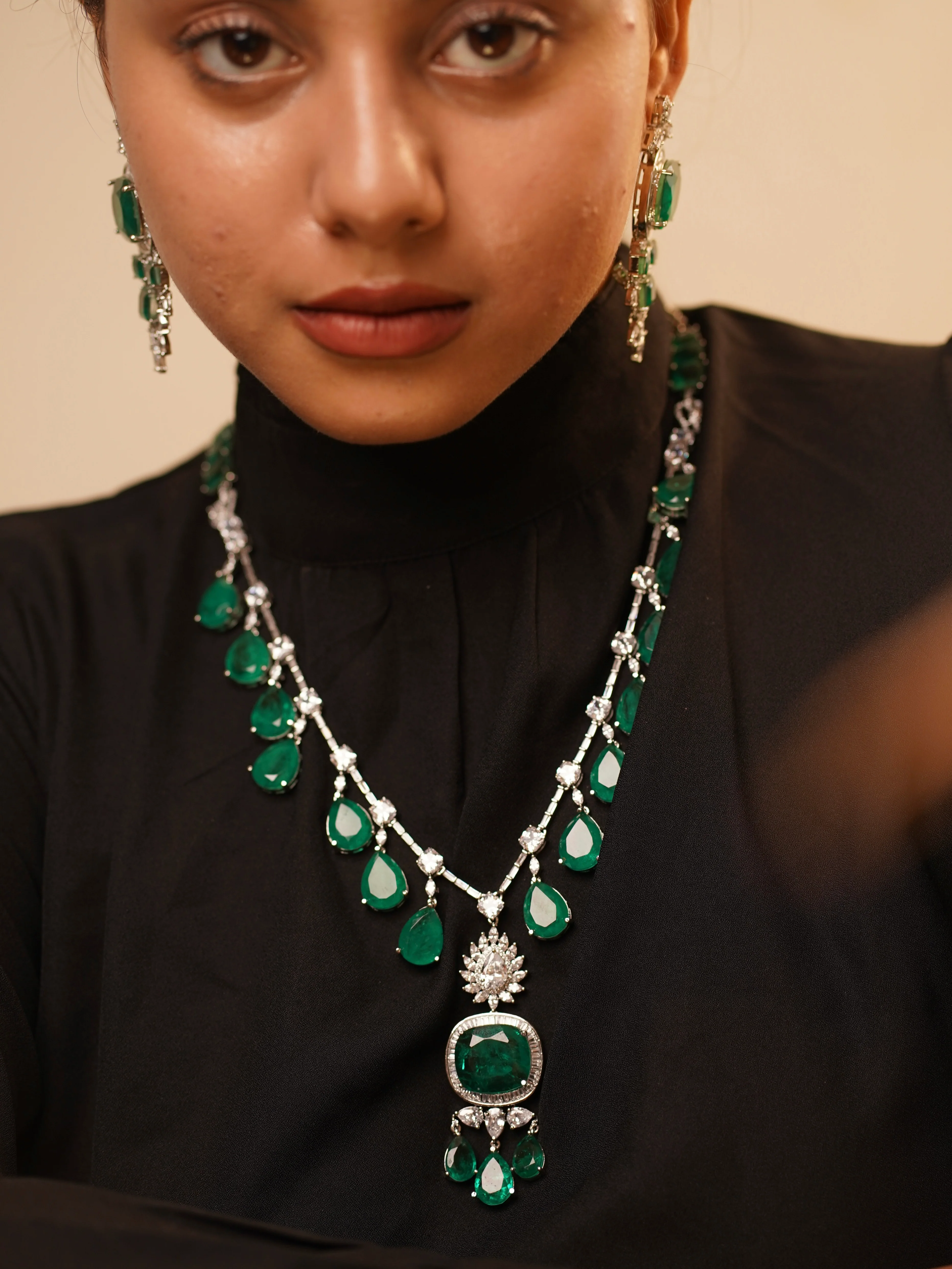 Nita Ambani inspired long Emerald Necklace set with matching earrings-Limited pieces - Image 3