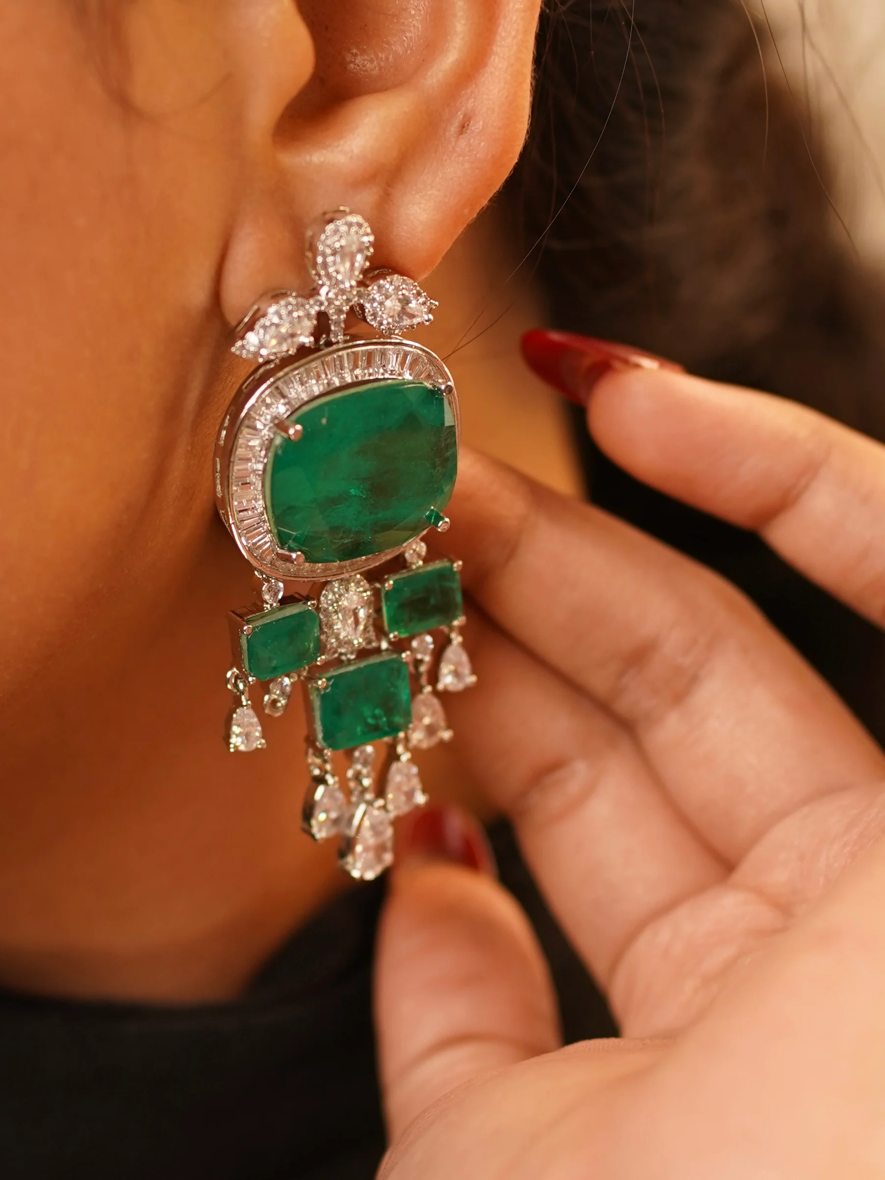 Nita Ambani inspired long Emerald Necklace set with matching earrings-Limited pieces - Image 5