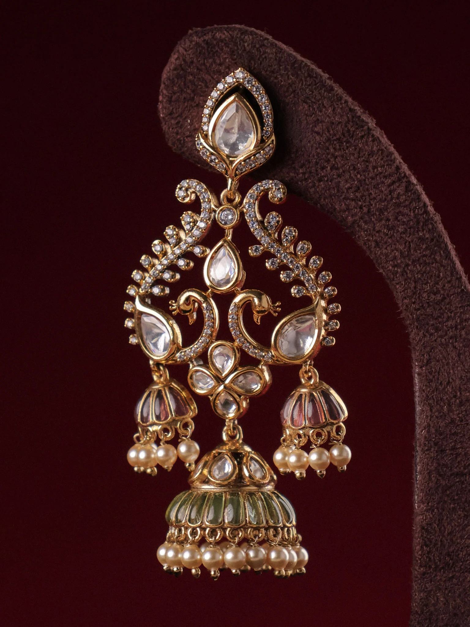 Noor Jharokha Polki Triple Jhumka Earrings - Image 10