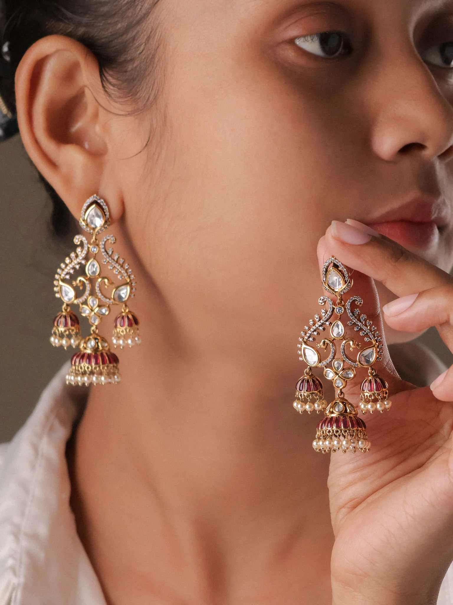 Noor Jharokha Polki Triple Jhumka Earrings - Image 3