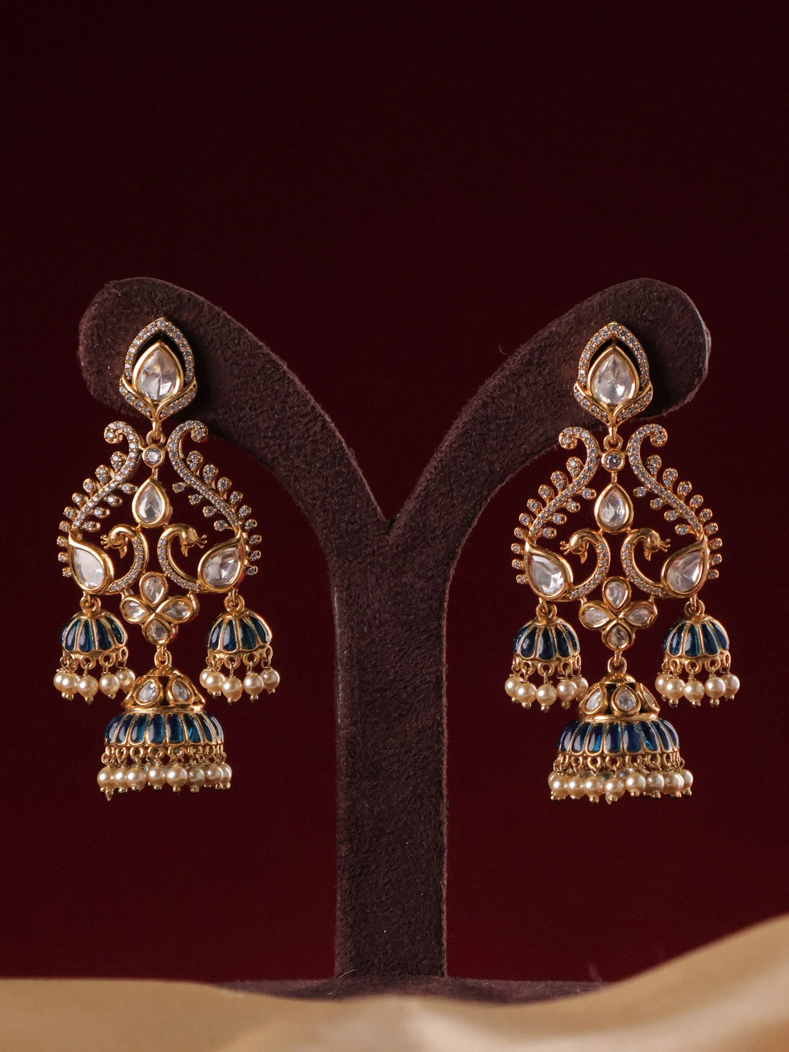 Noor Jharokha Polki Triple Jhumka Earrings - Image 4