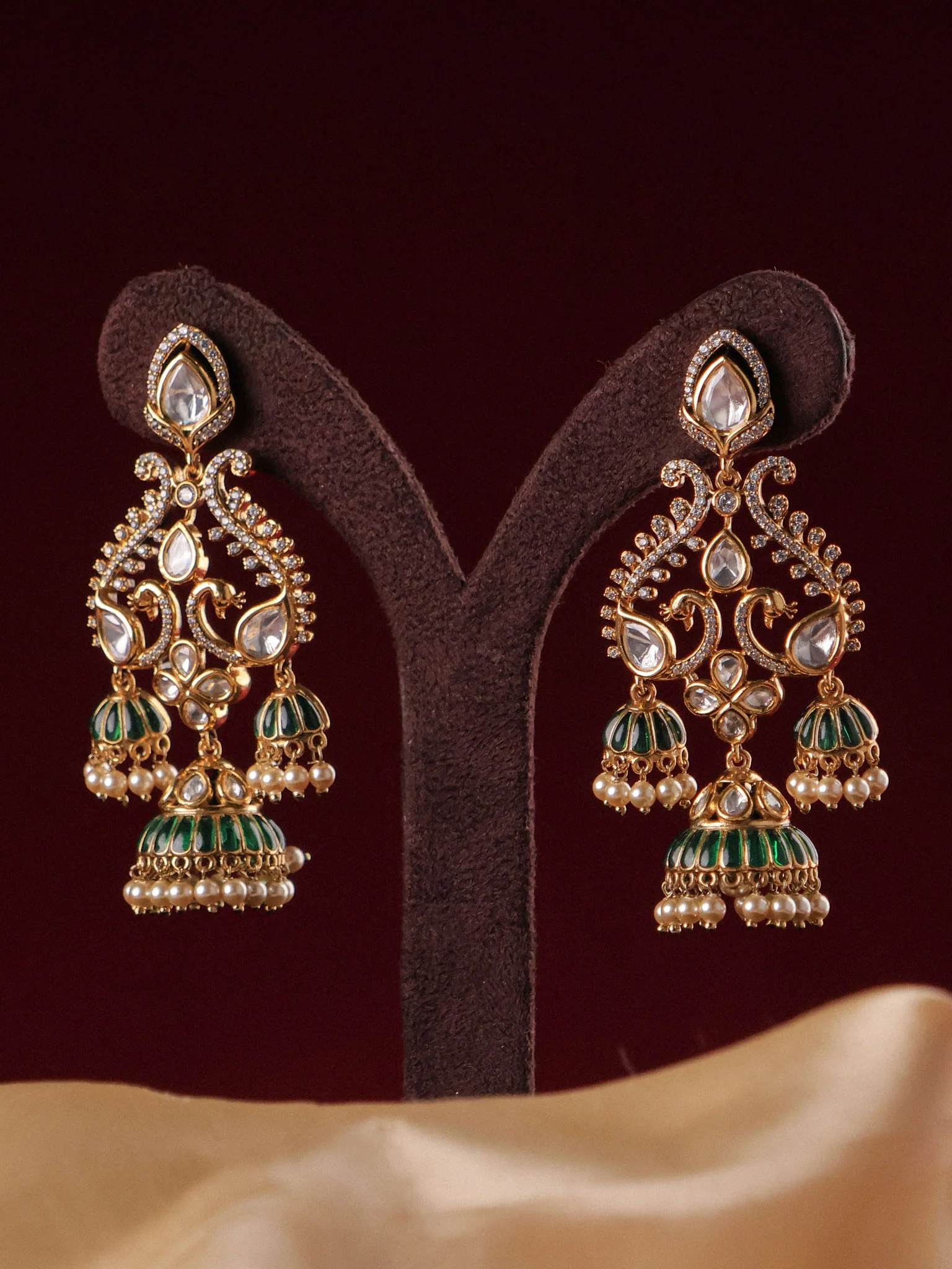 Noor Jharokha Polki Triple Jhumka Earrings - Image 6