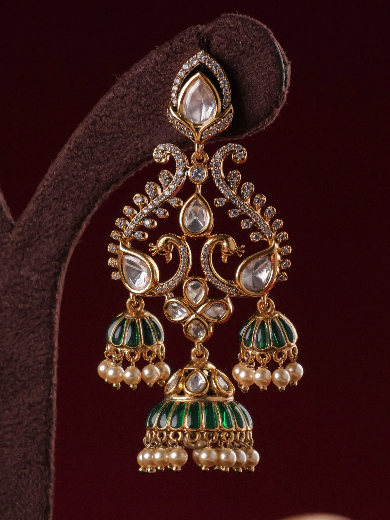 Noor Jharokha Polki Triple Jhumka Earrings - Image 7