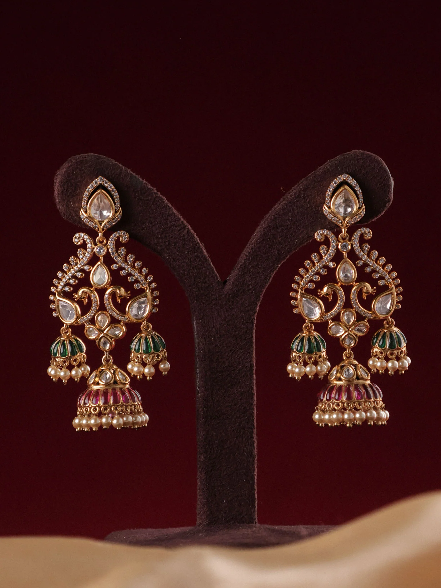 Noor Jharokha Polki Triple Jhumka Earrings - Image 8