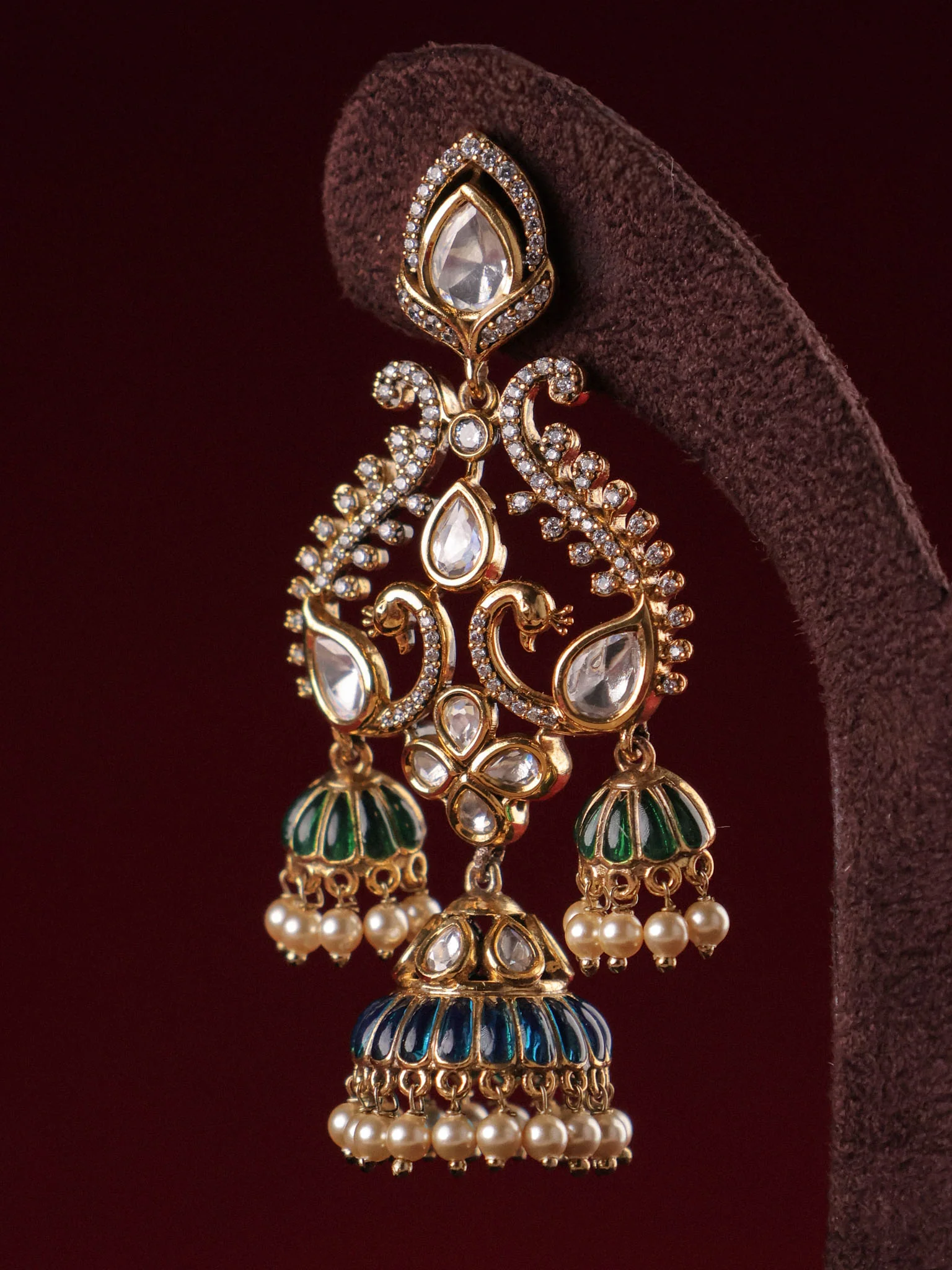 Noor Jharokha Polki Triple Jhumka Earrings - Image 9