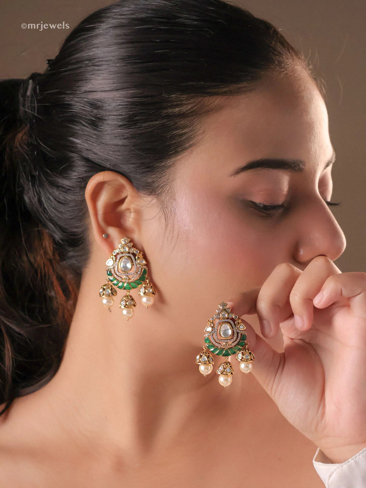 Nurani Meenakari Kundan Trio-Jhumka Pearl Drops - Image 3