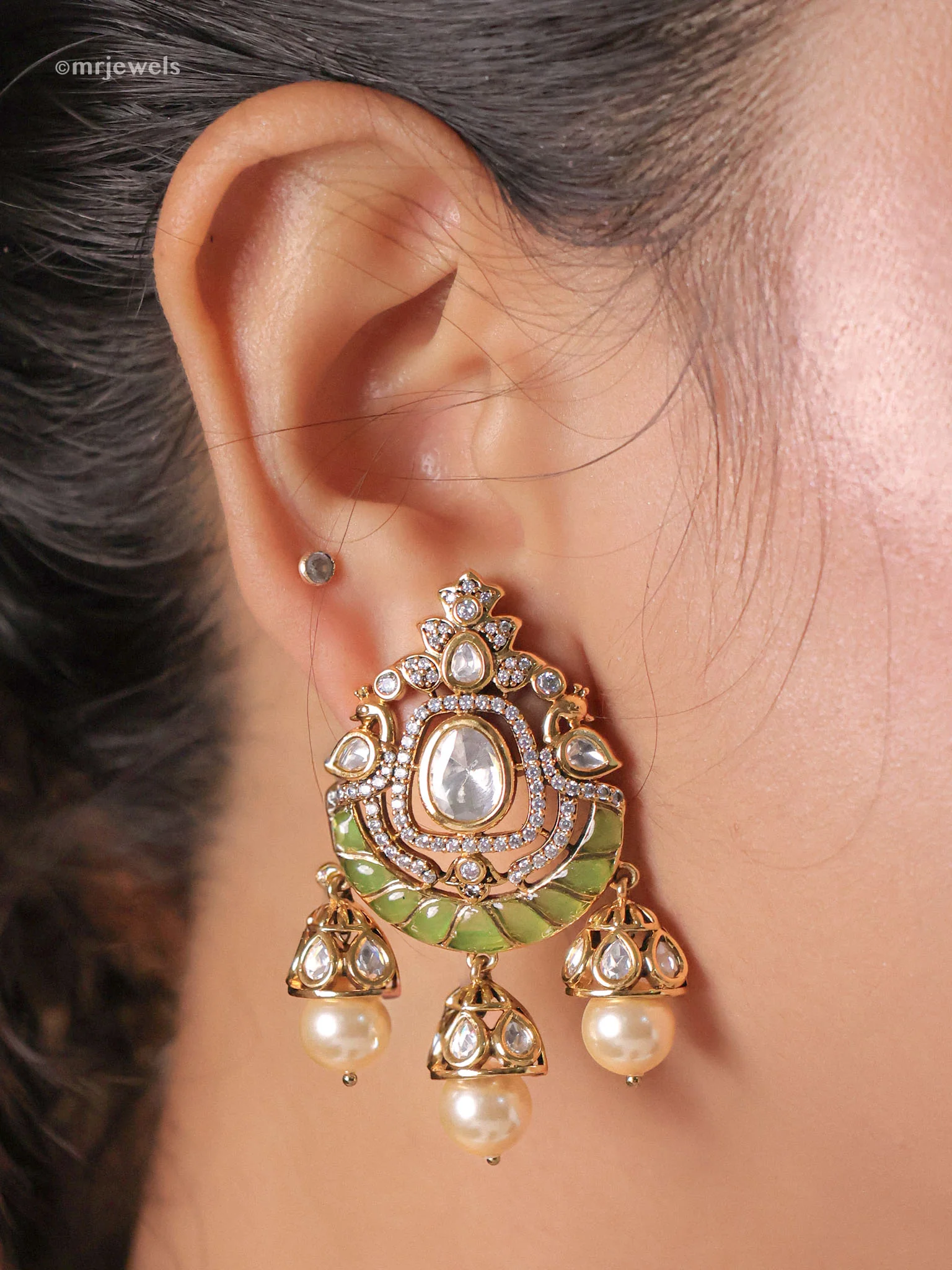 Nurani Meenakari Kundan Trio-Jhumka Pearl Drops - Image 4