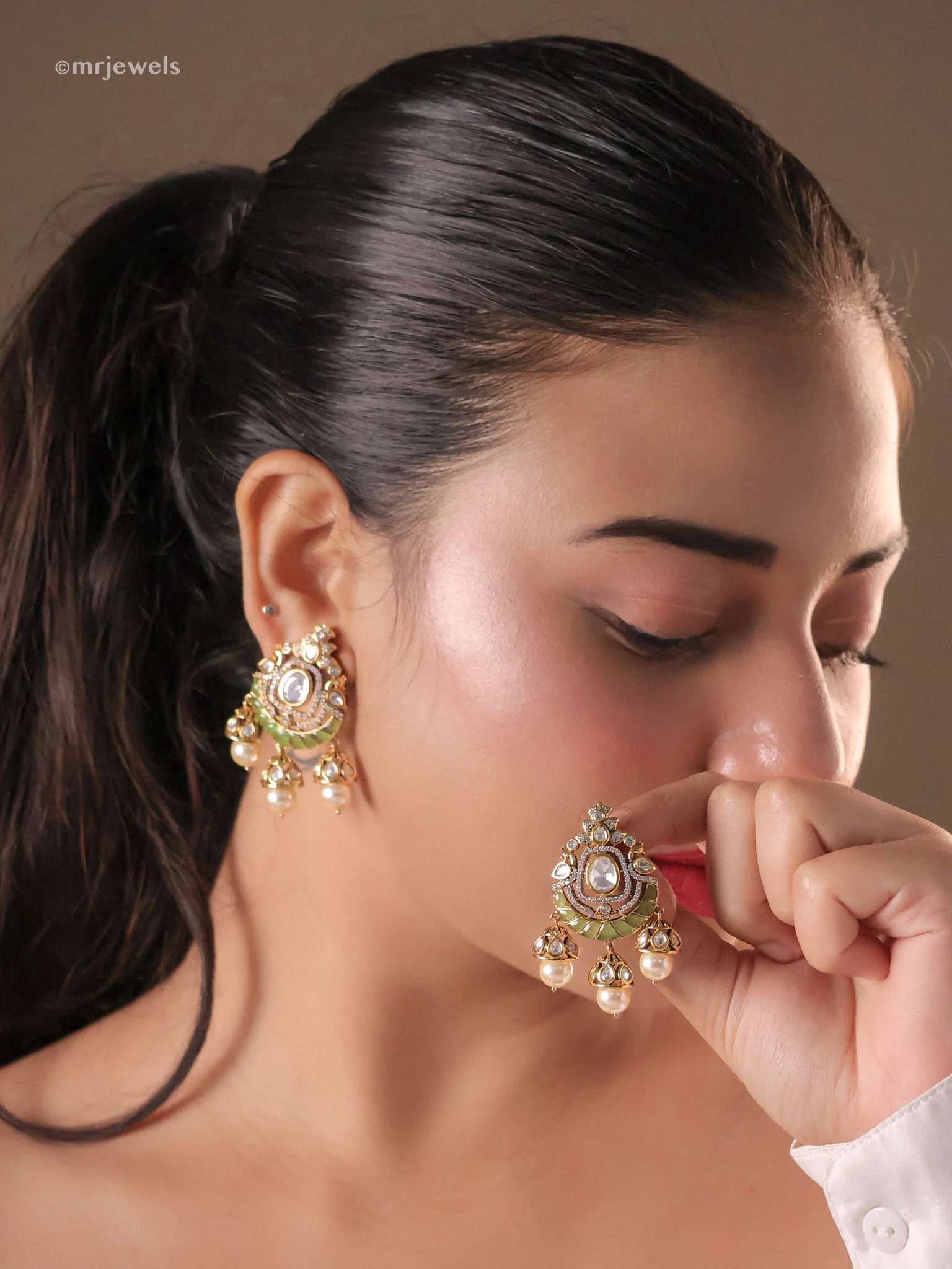 Nurani Meenakari Kundan Trio-Jhumka Pearl Drops - Image 5