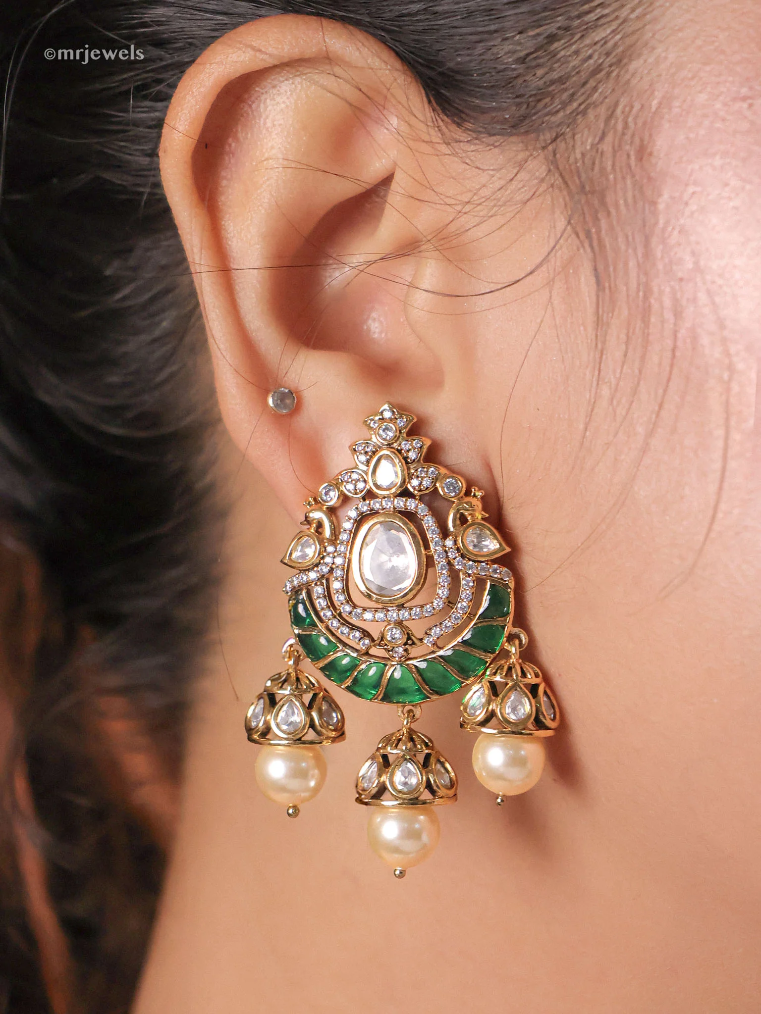 Nurani Meenakari Kundan Trio-Jhumka Pearl Drops - Image 6