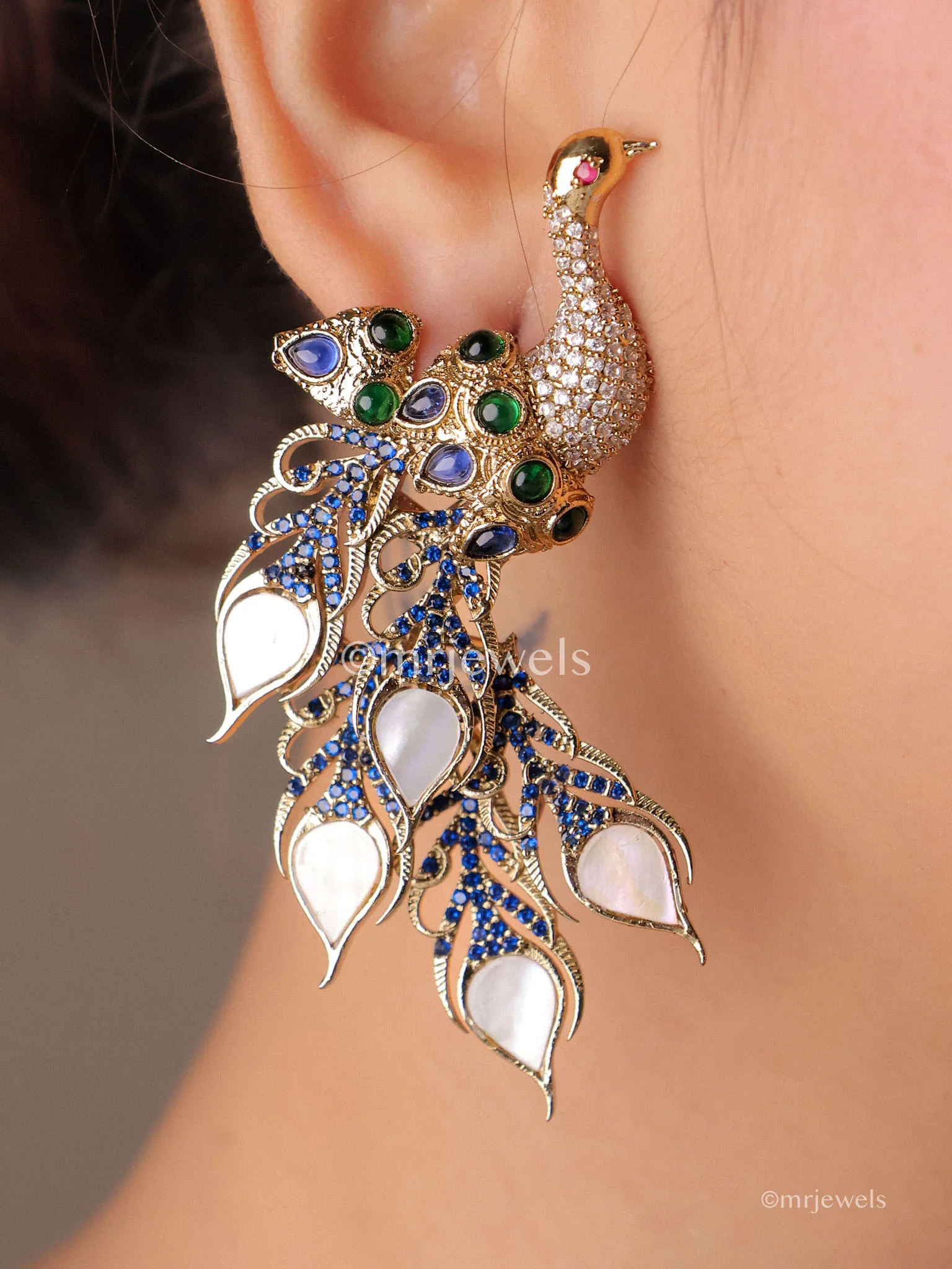 Peacock Pearl Drop Dangler Earrings - Image 2