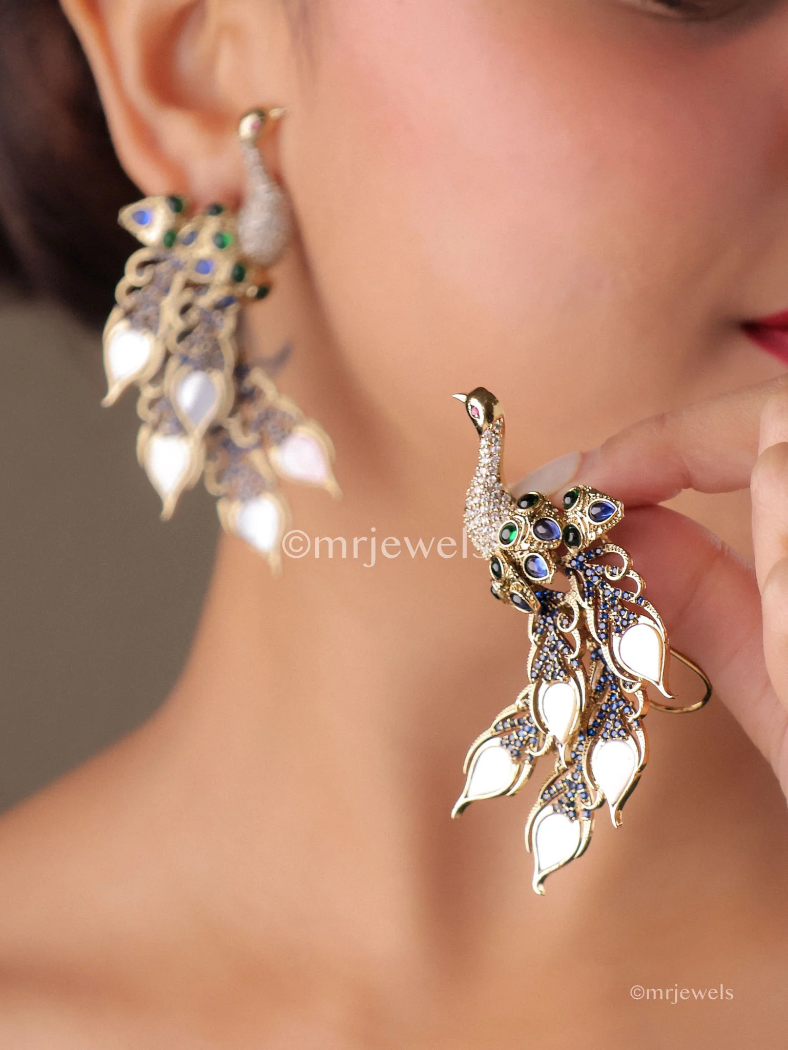 Peacock Pearl Drop Dangler Earrings - Image 3