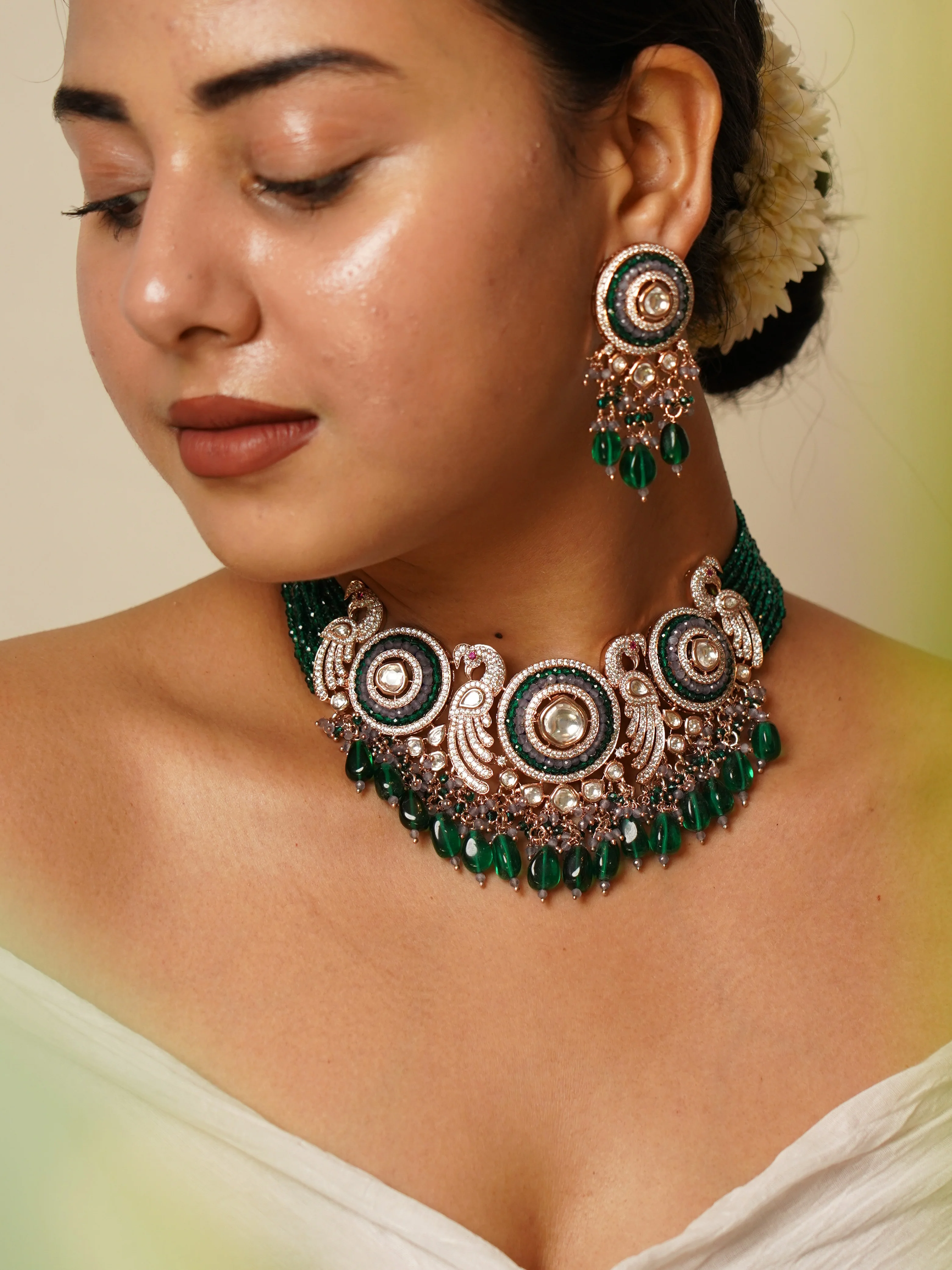 Peacock Radiance Luxe Necklace Choker Set with matching earrings - Image 3