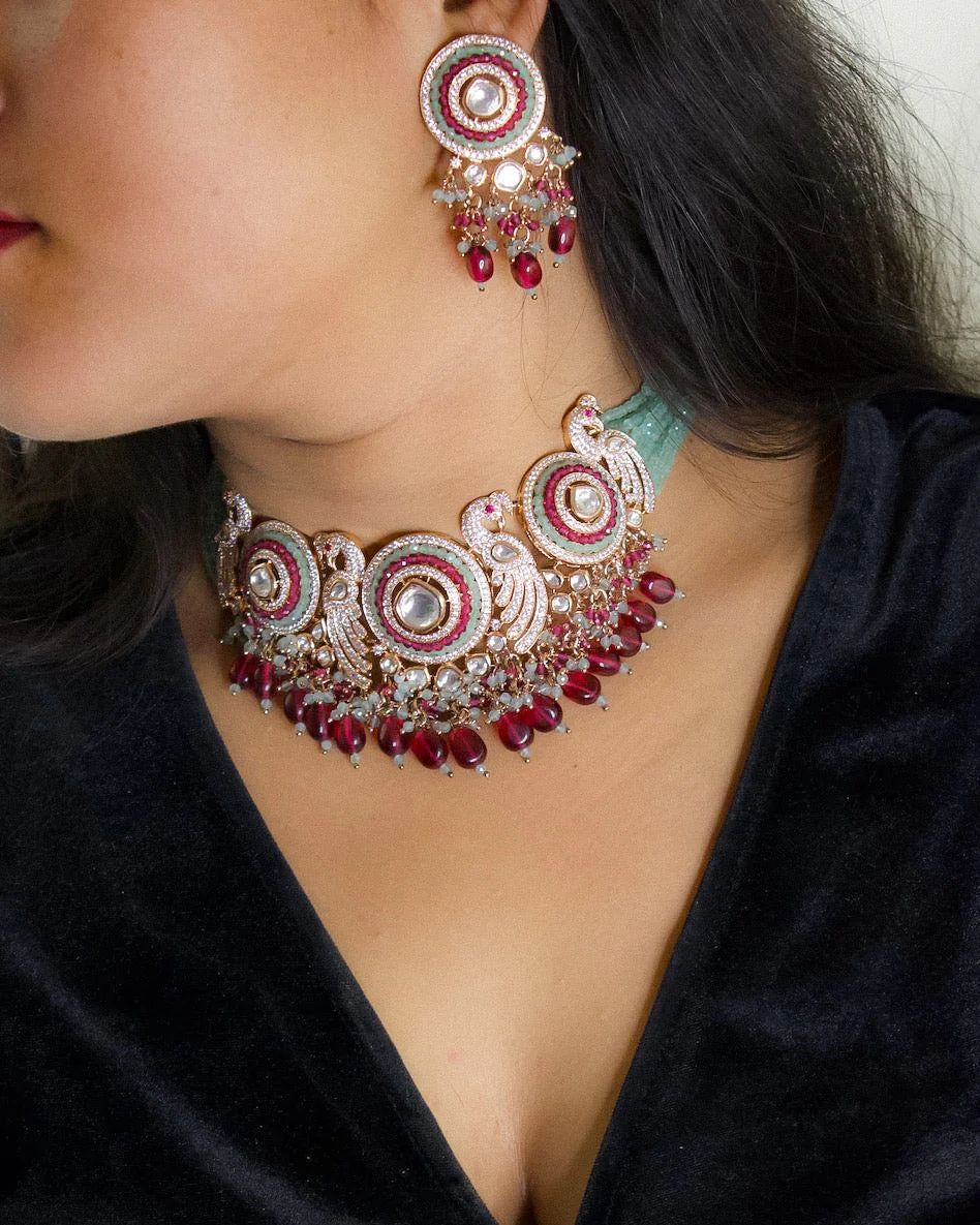 Peacock Radiance Luxe Necklace Choker Set with matching earrings - Image 5