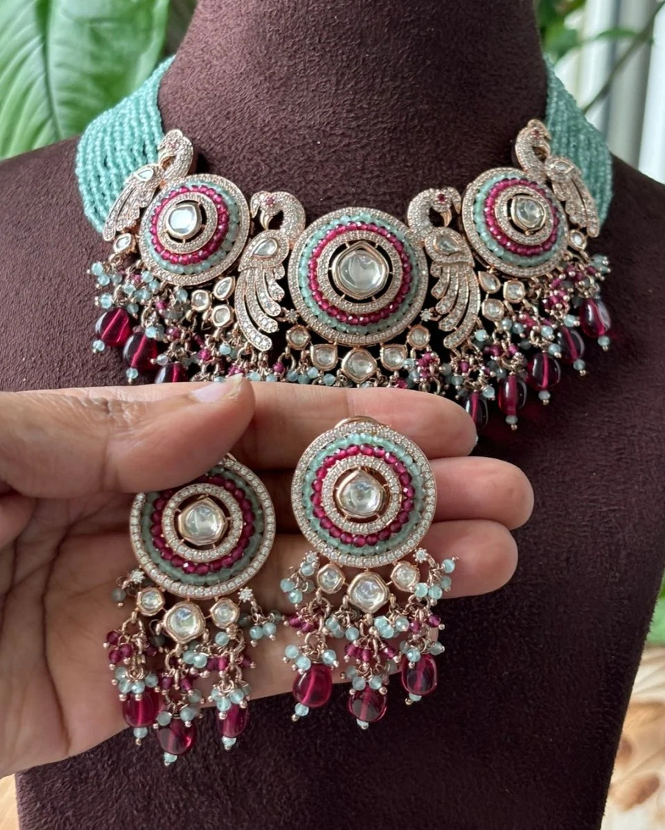 Peacock Radiance Luxe Necklace Choker Set with matching earrings - Image 6