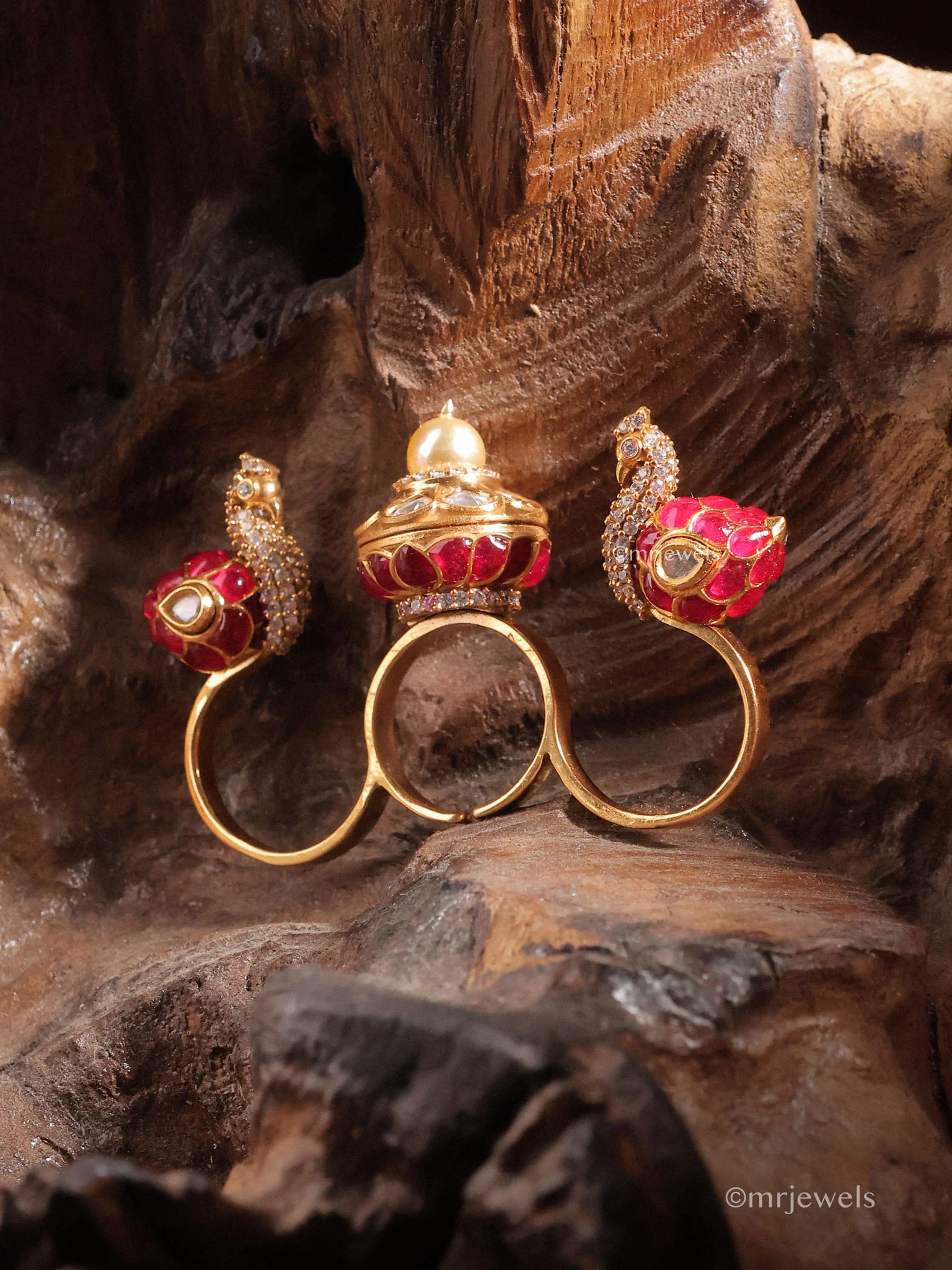 Peacock Royal Kundan Polki Pearl Ring - Image 2