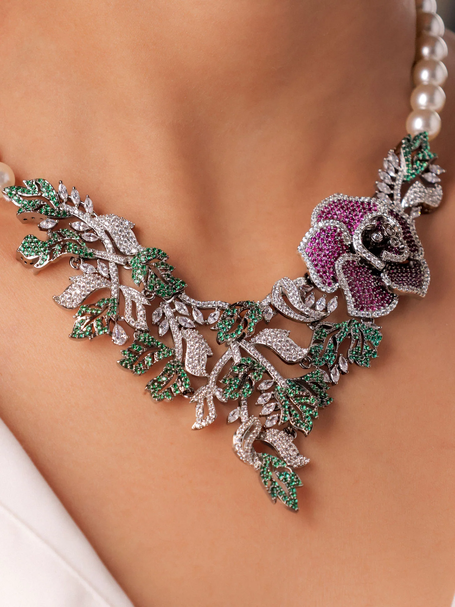Pearl Floral Statement Necklace Set - Image 2