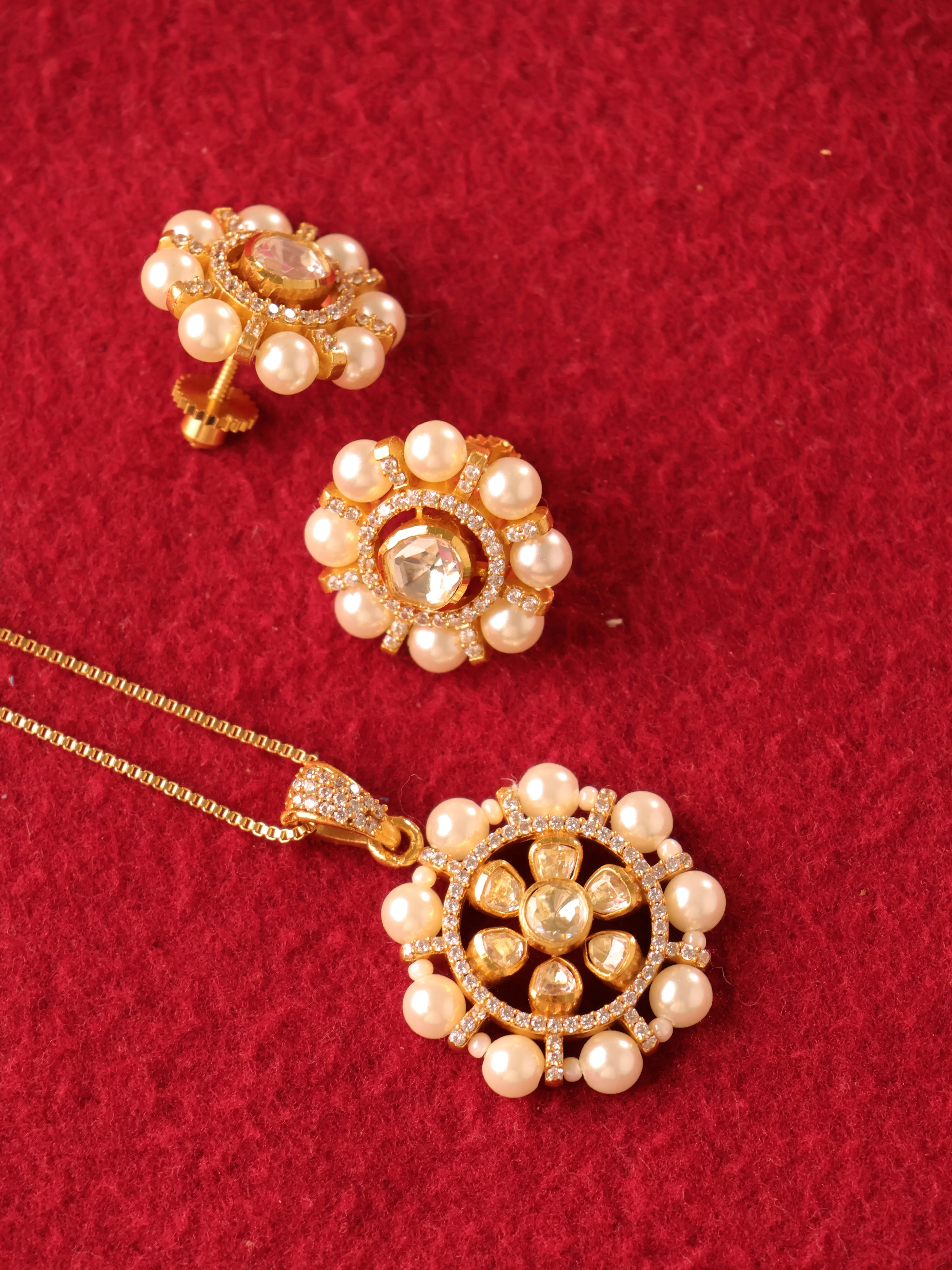Pearl Moissanite Pendant Set with Studs