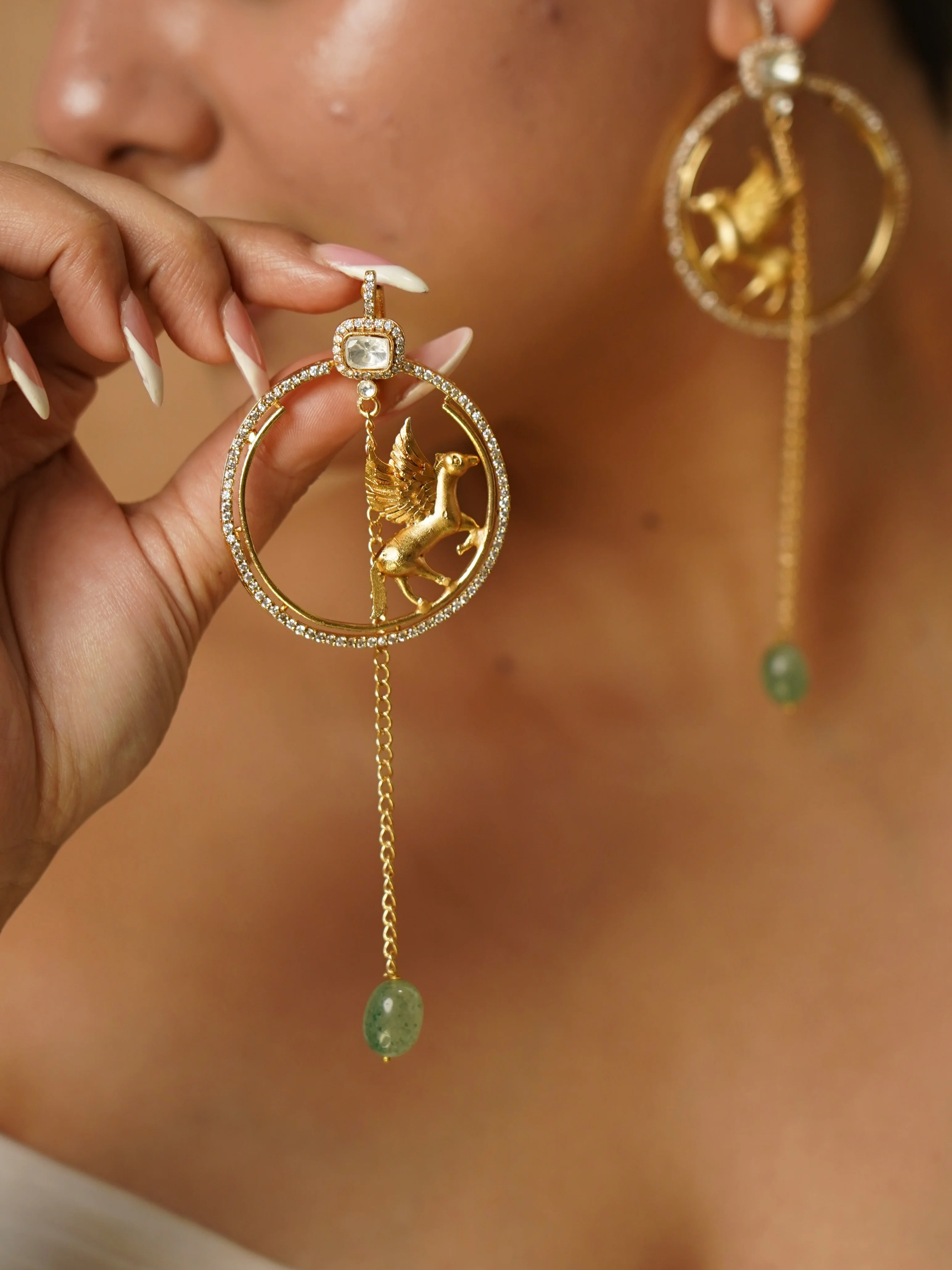 Pegasus Statement Hoop Earrings with Green Stone Drop