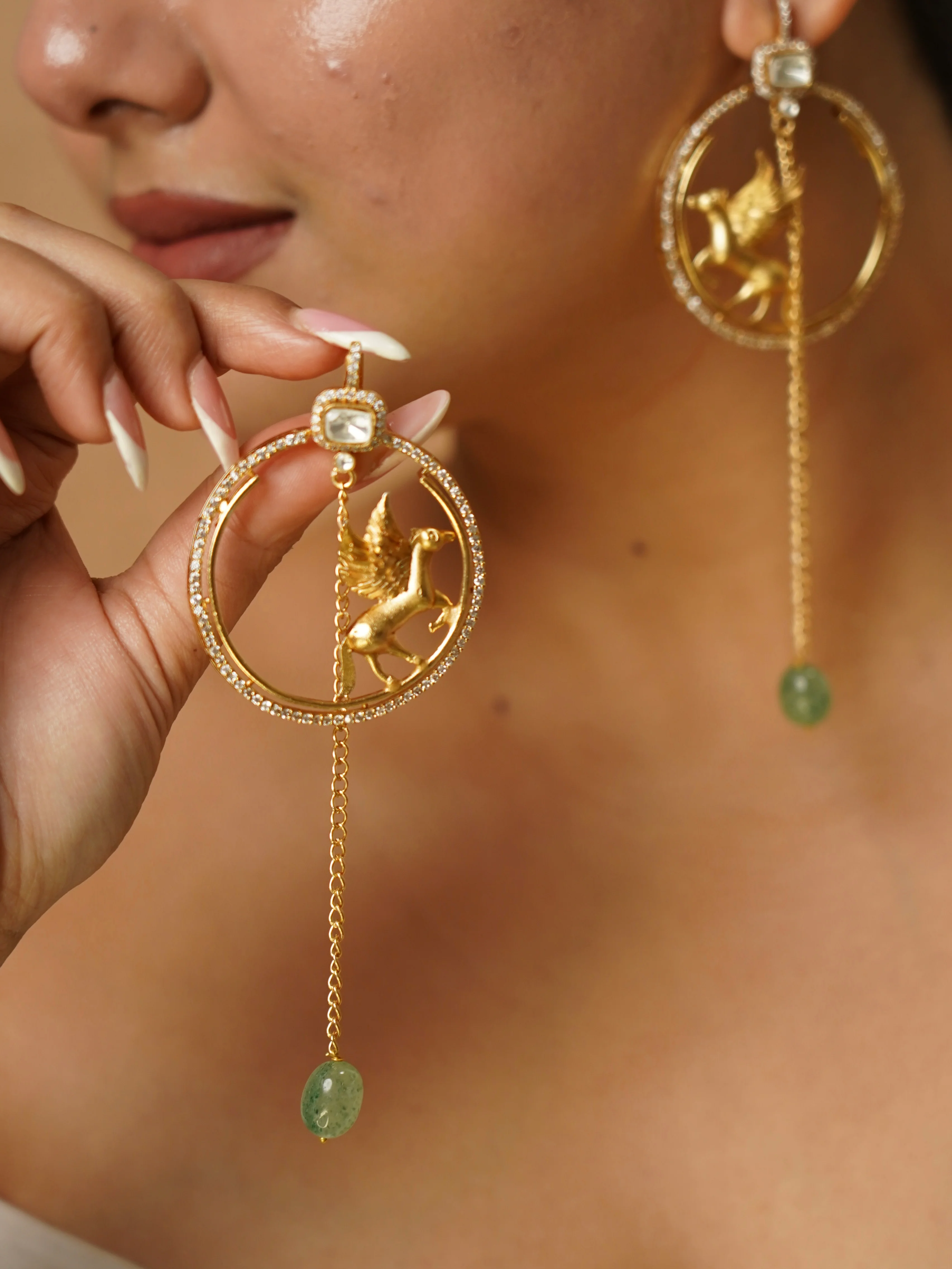Pegasus Statement Hoop Earrings with Green Stone Drop - Image 2