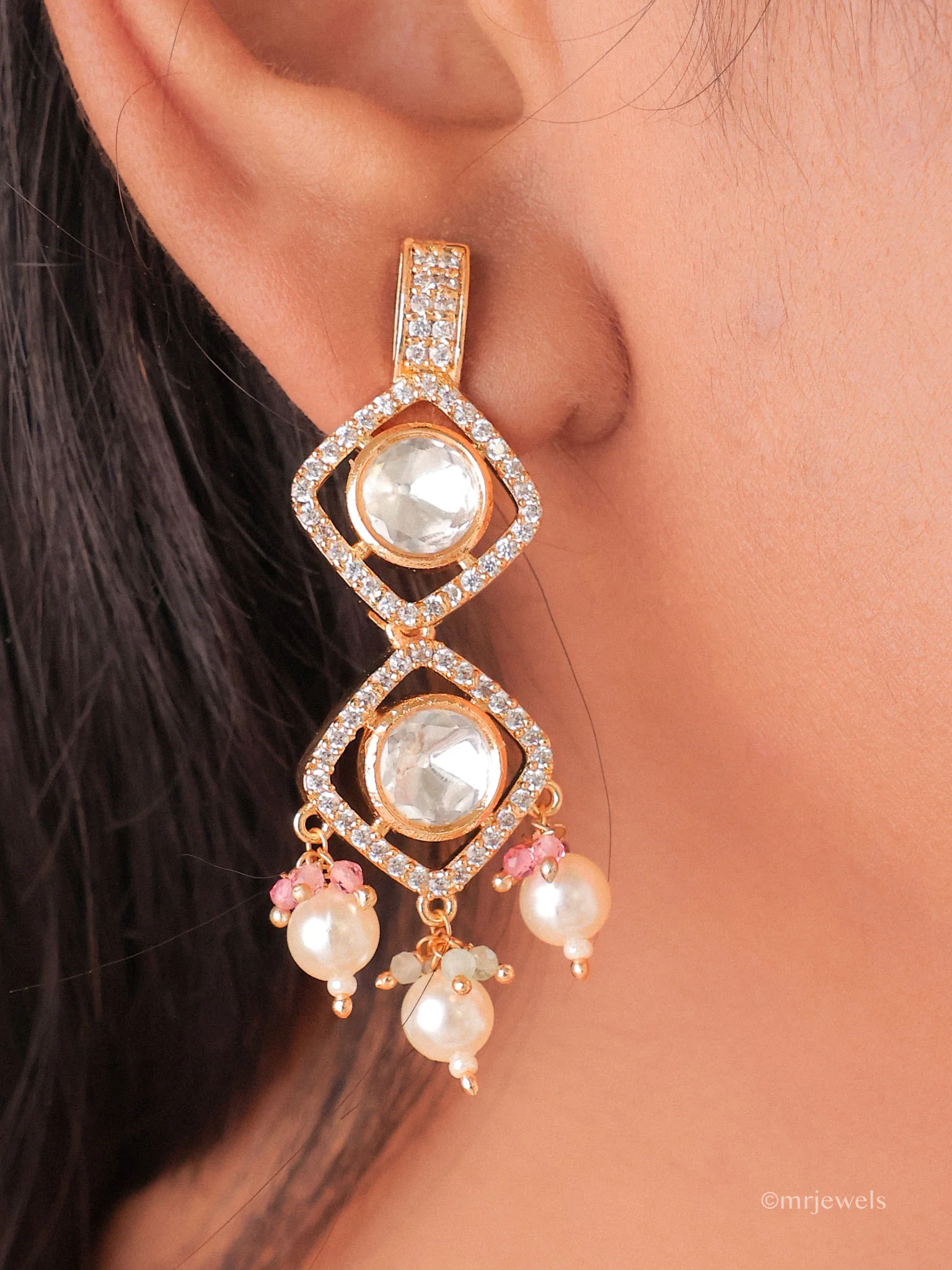 Polki Choker Set with Pearl Drop Earrings - Image 3