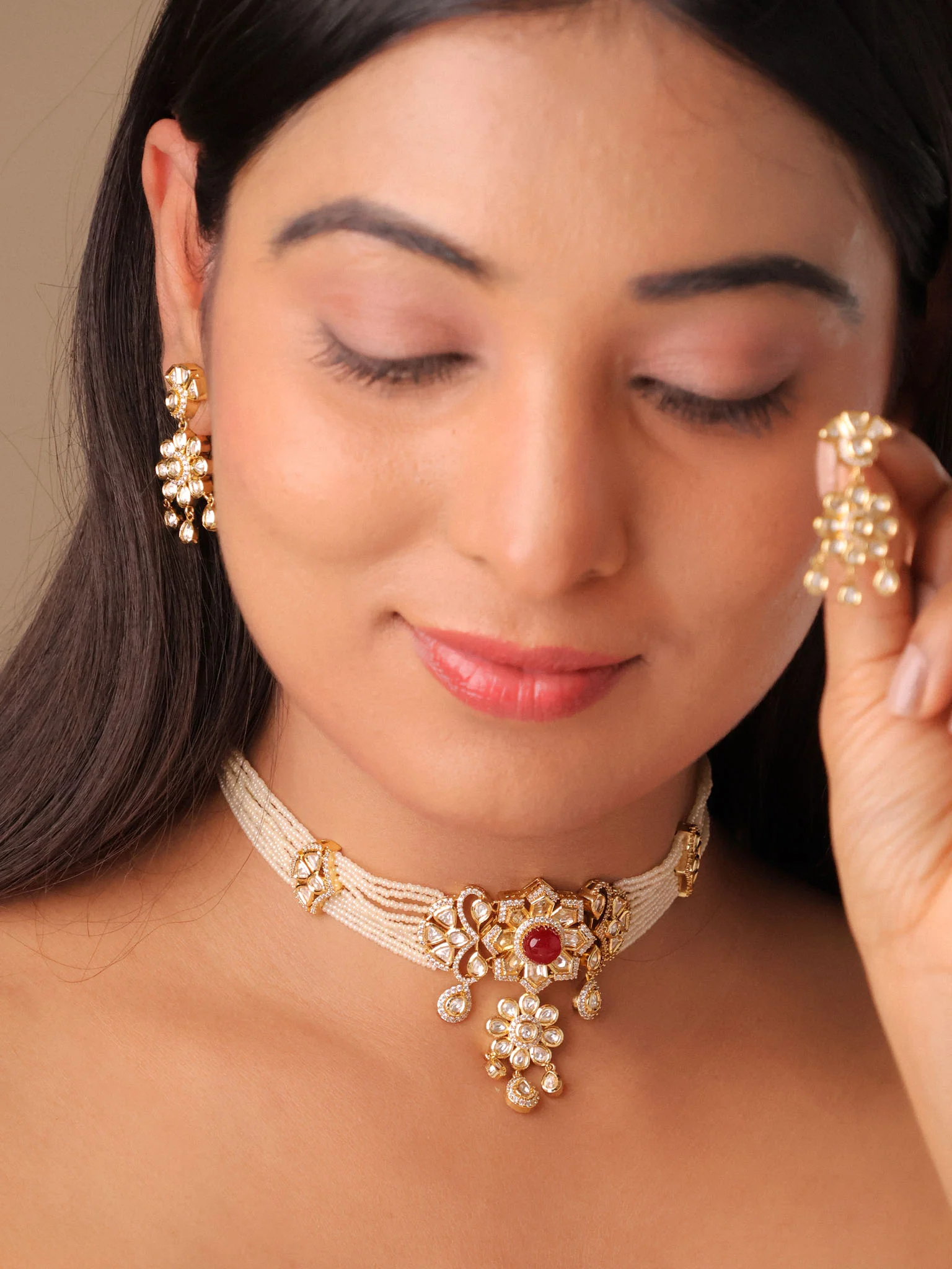 Polki Floral Pearl Collar Choker Necklace Set