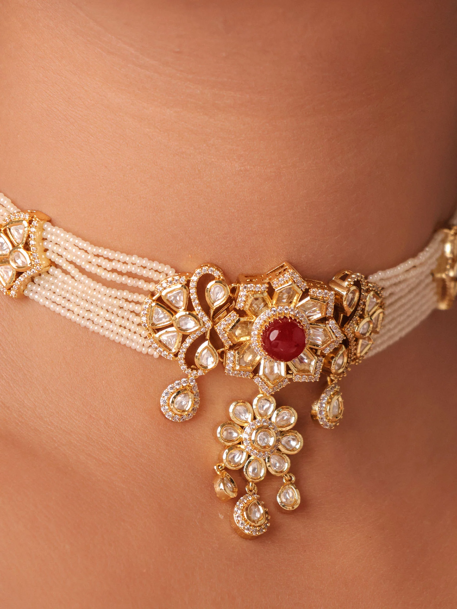 Polki Floral Pearl Collar Choker Necklace Set - Image 2