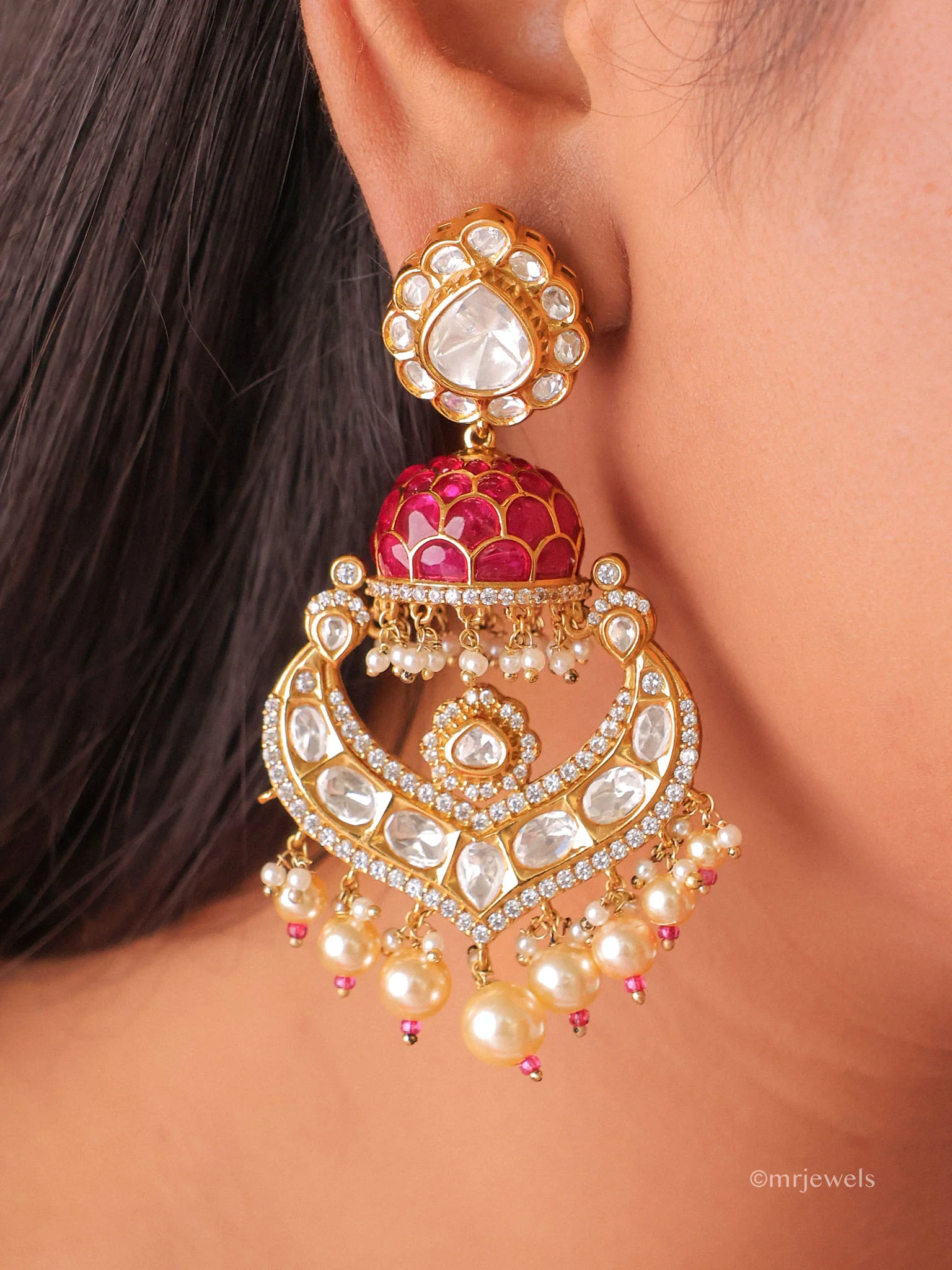 Polki Pearl Statement Chandbali Earrings