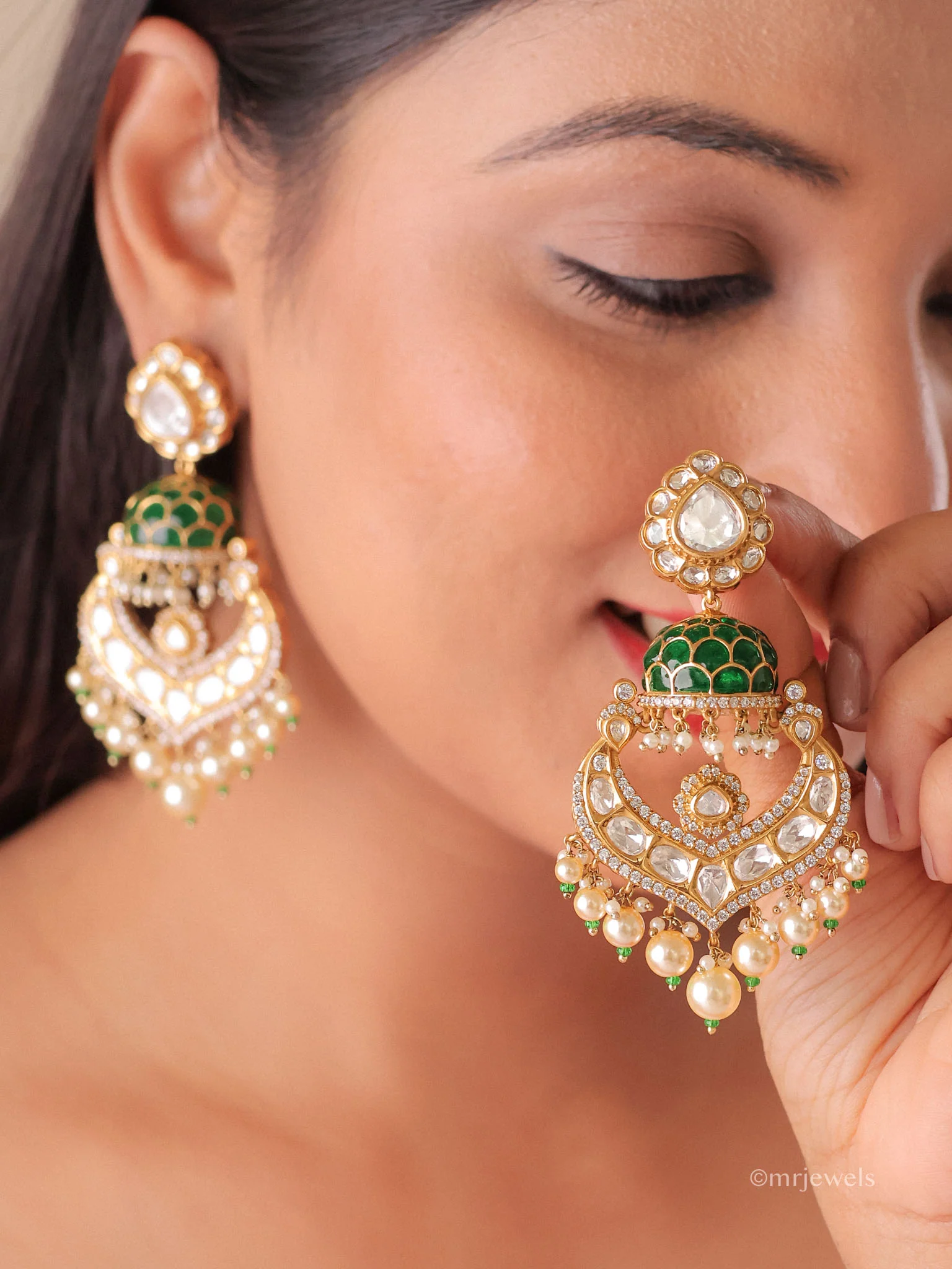 Polki Pearl Statement Chandbali Earrings - Image 2
