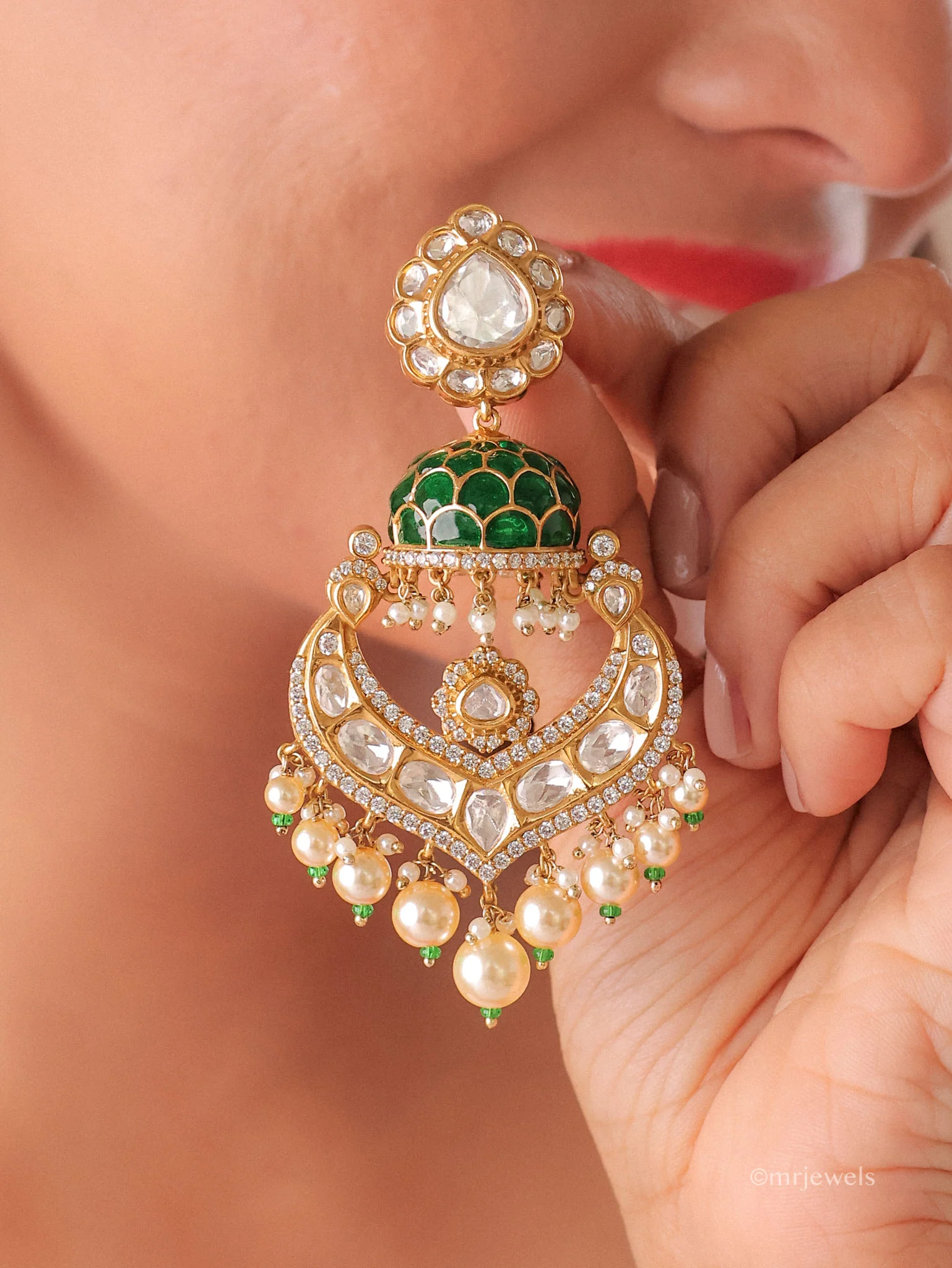 Polki Pearl Statement Chandbali Earrings - Image 3