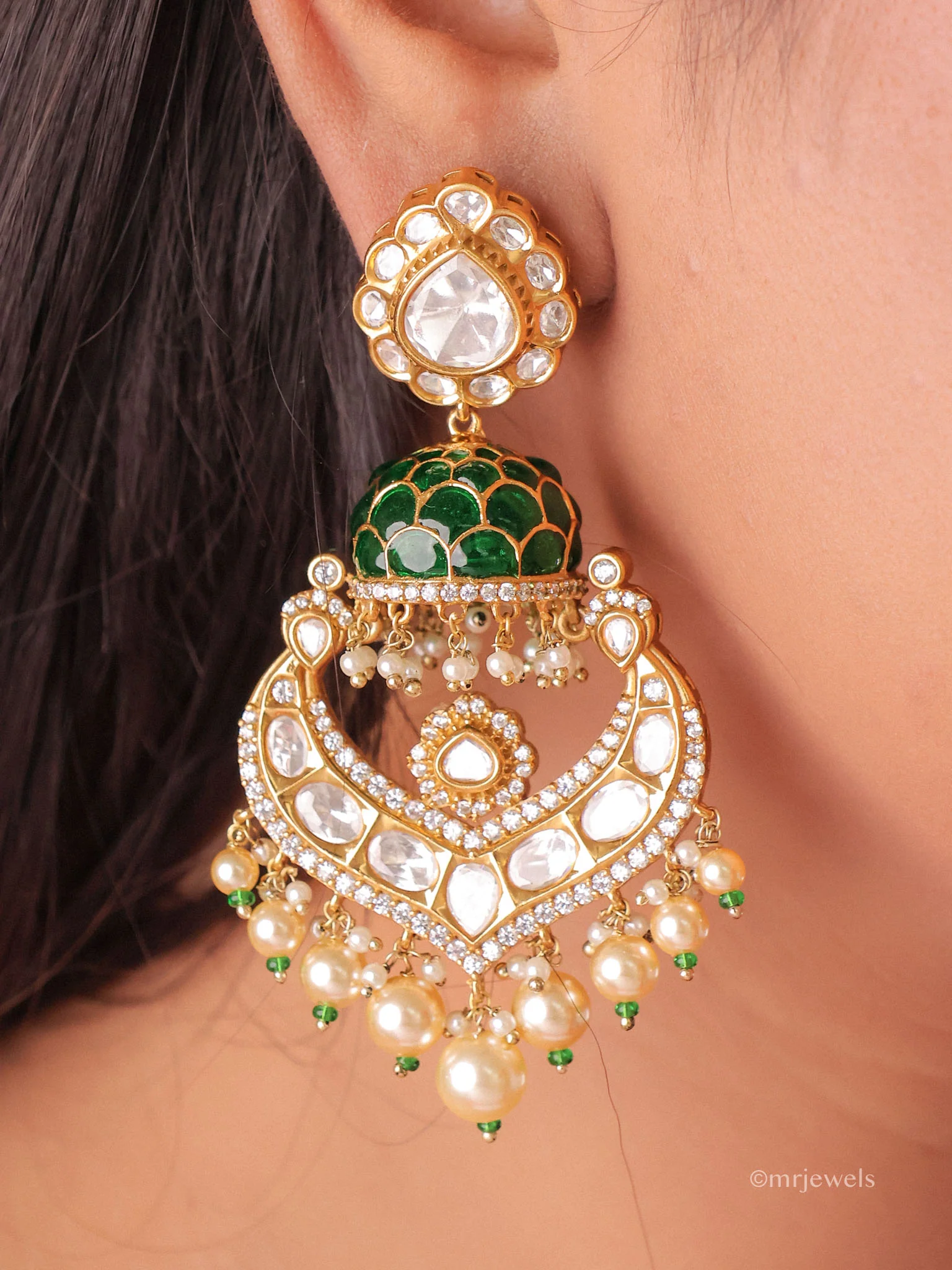 Polki Pearl Statement Chandbali Earrings - Image 4