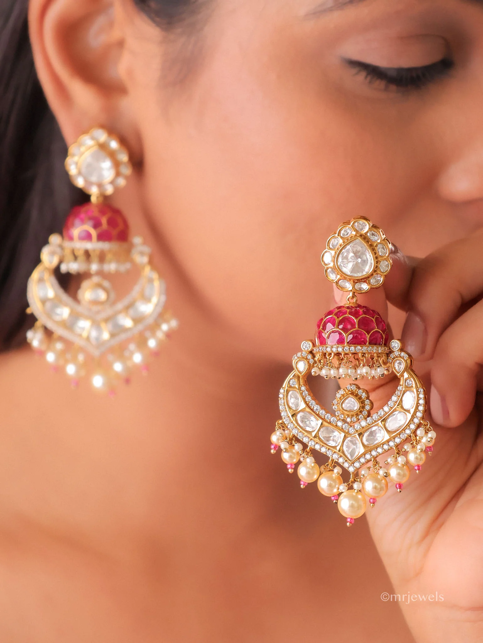 Polki Pearl Statement Chandbali Earrings - Image 5